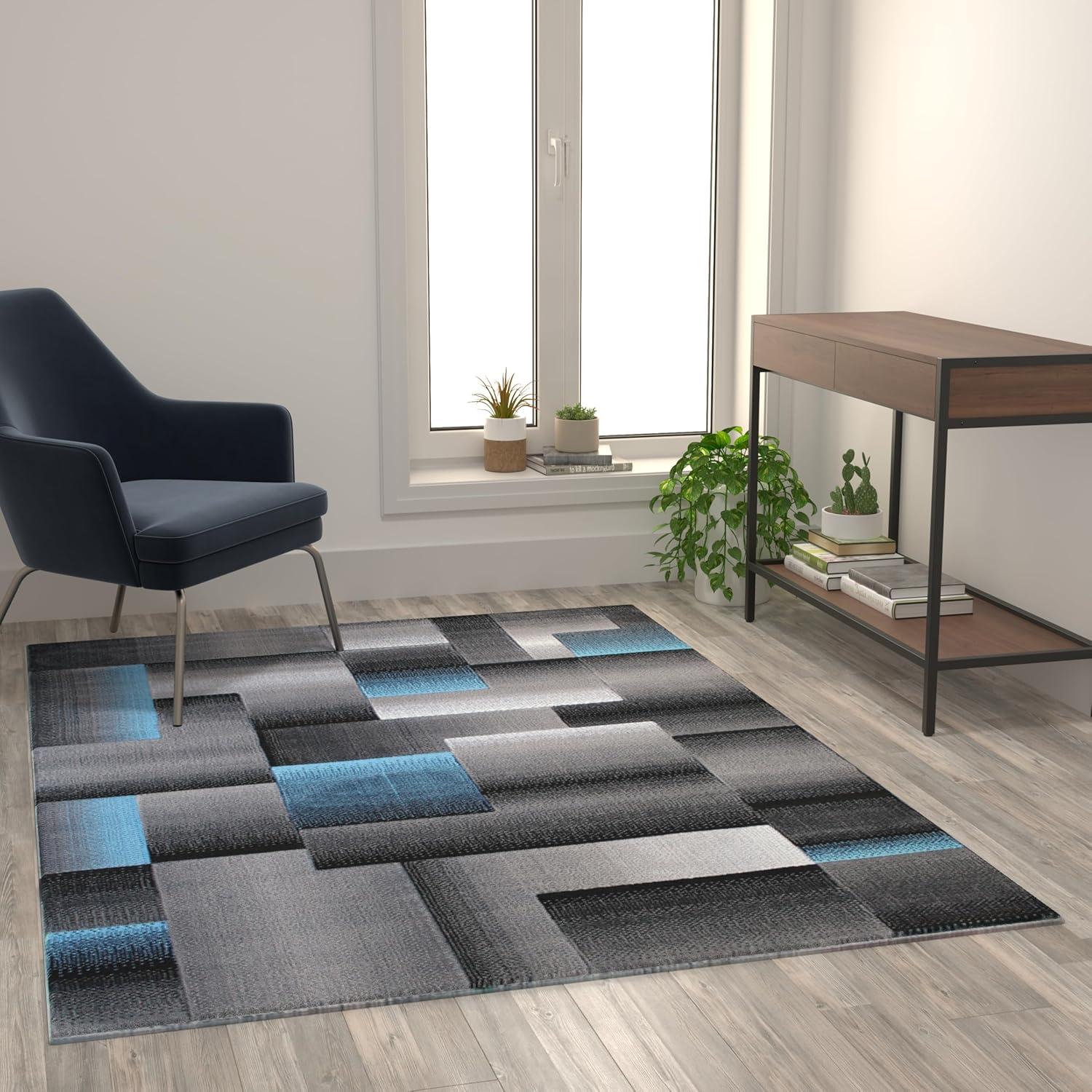 image:imageFlash Furniture Elio Collection Color Blocked Pattern Area Rug High Pile Blue Olefin Rug 8 x 10 Area Rug Jute Backing Hallway Entryway BedroomBlue