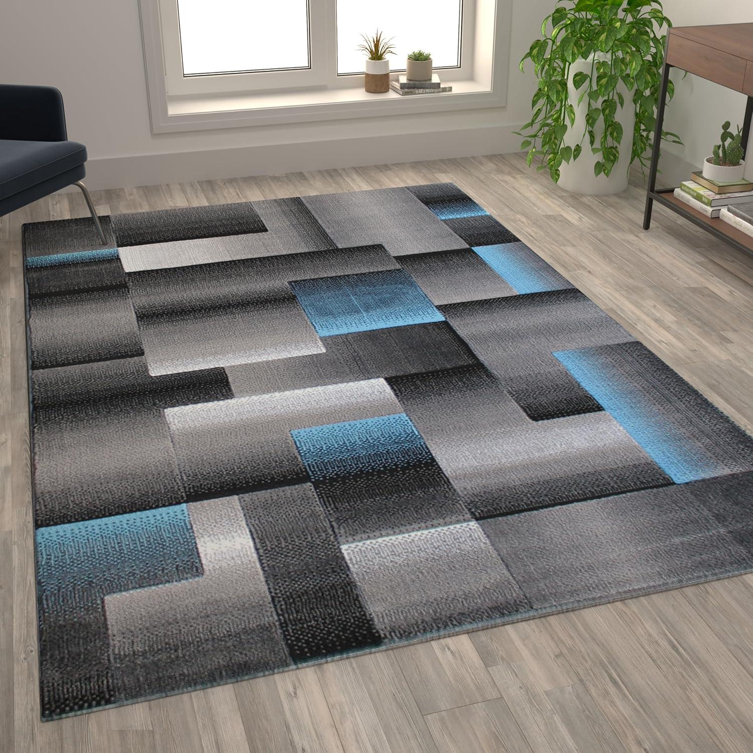 image:imageFlash Furniture Elio Collection Color Blocked Pattern Area Rug High Pile Blue Olefin Rug 8 x 10 Area Rug Jute Backing Hallway Entryway BedroomBlue