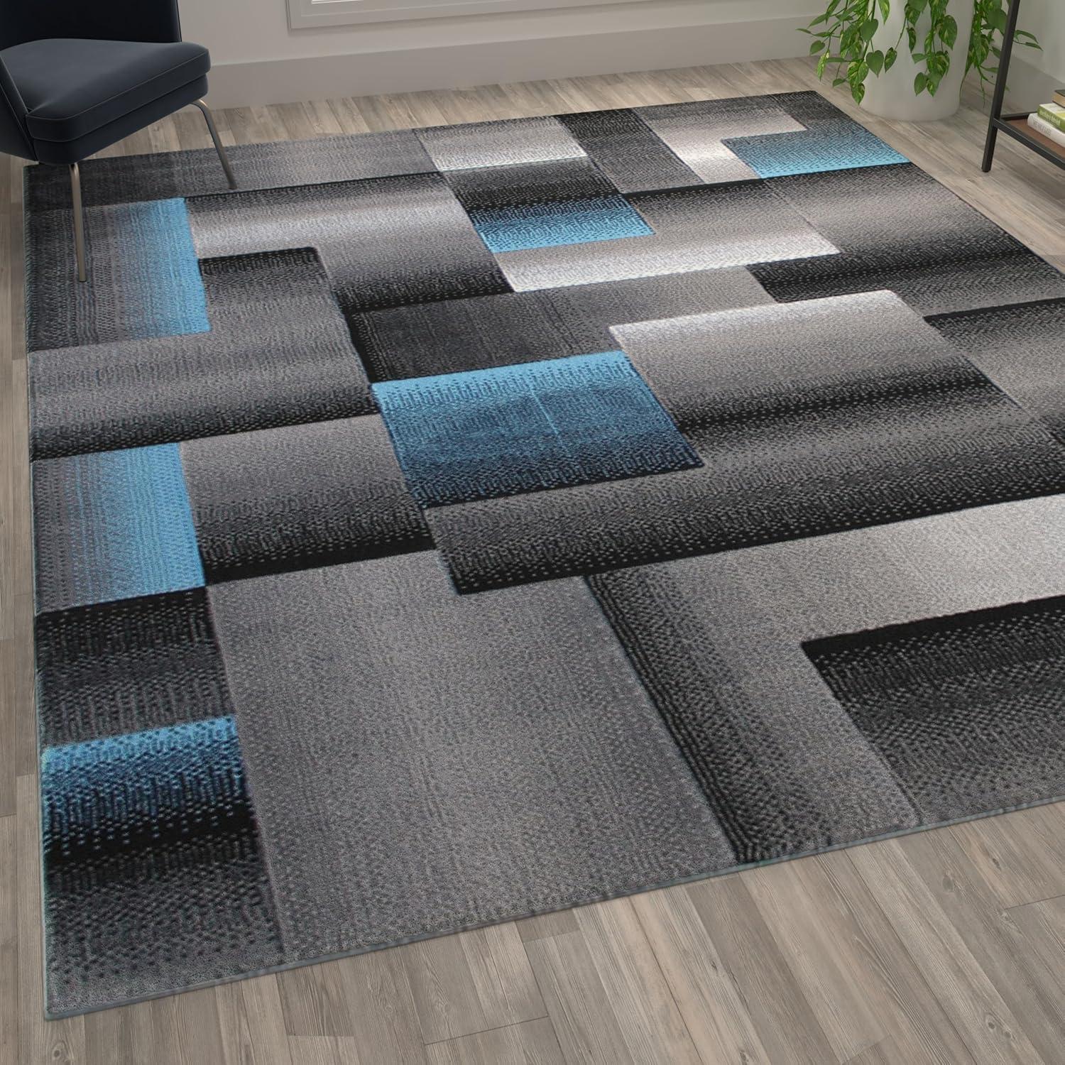 image:imageFlash Furniture Elio Collection Color Blocked Pattern Area Rug High Pile Blue Olefin Rug 8 x 10 Area Rug Jute Backing Hallway Entryway BedroomBlue