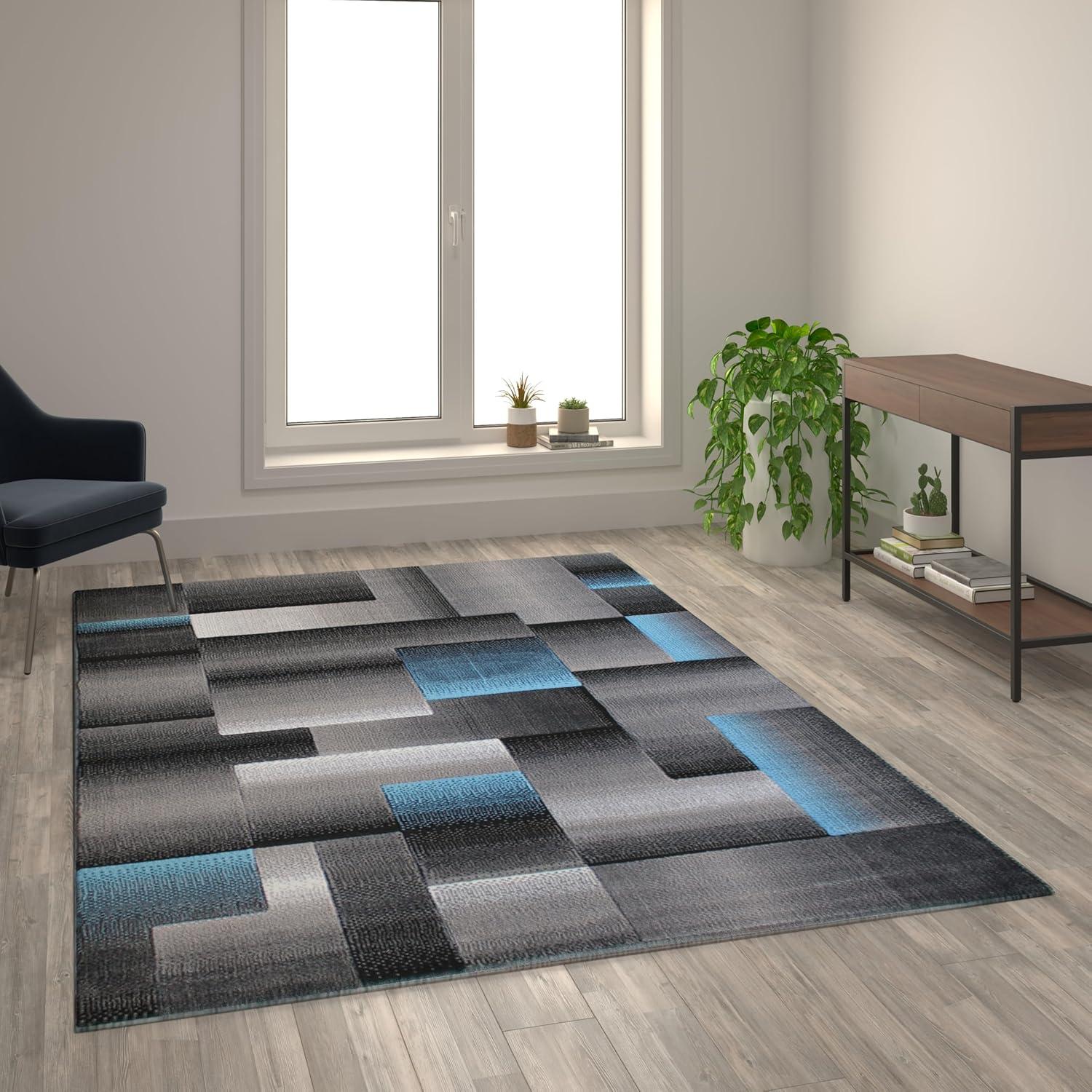 image:imageFlash Furniture Elio Collection Color Blocked Pattern Area Rug High Pile Blue Olefin Rug 8 x 10 Area Rug Jute Backing Hallway Entryway BedroomBlue
