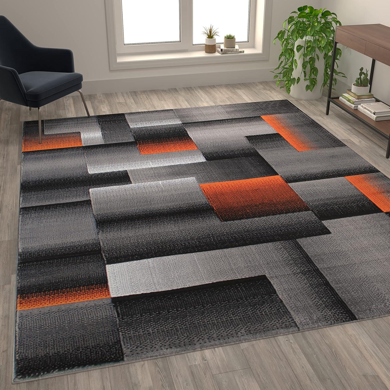 image:imageFlash Furniture Elio Collection Color Blocked Pattern Area Rug High Pile Blue Olefin Rug 8 x 10 Area Rug Jute Backing Hallway Entryway BedroomOrange