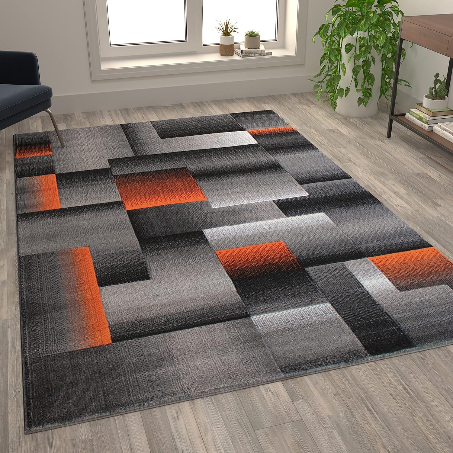 image:imageFlash Furniture Elio Collection Color Blocked Pattern Area Rug High Pile Blue Olefin Rug 8 x 10 Area Rug Jute Backing Hallway Entryway BedroomOrange