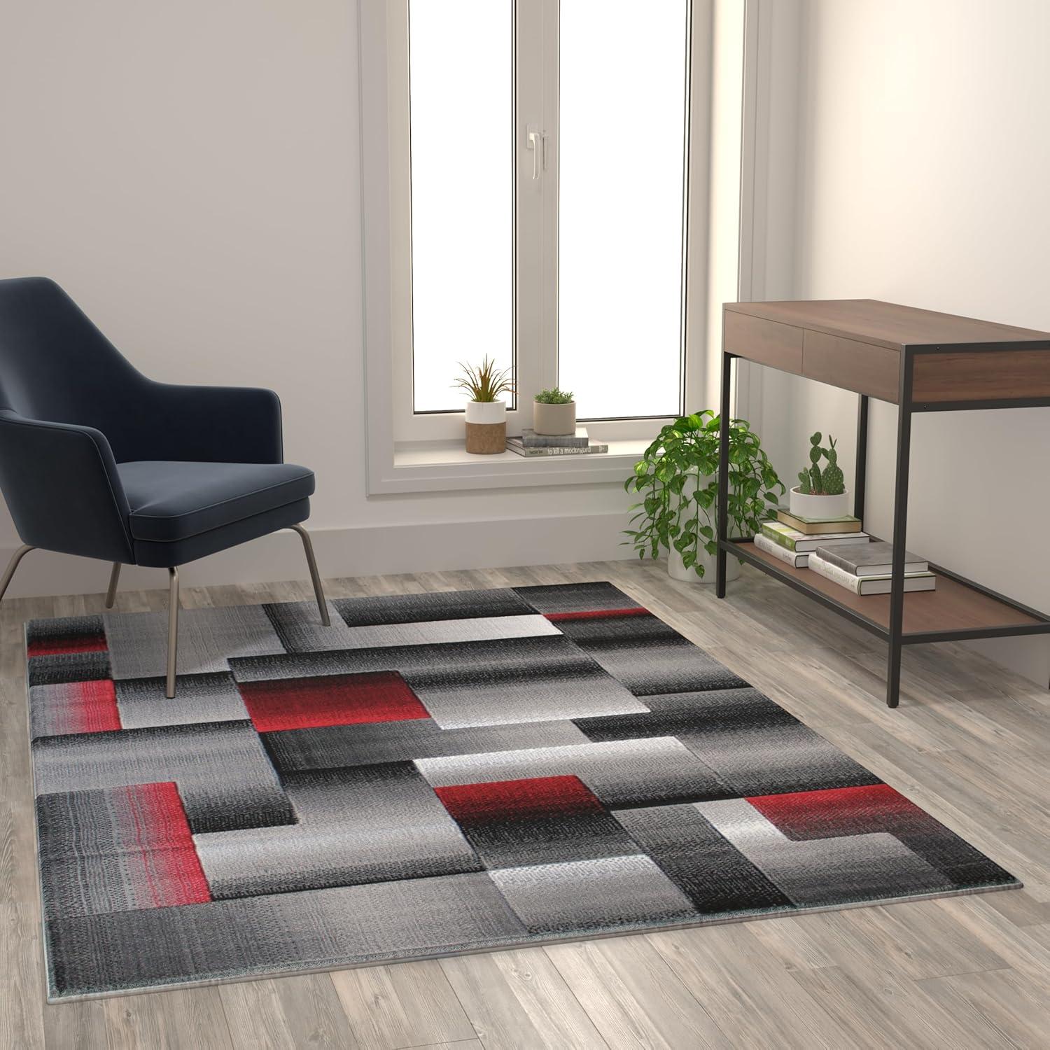 image:imageFlash Furniture Elio Collection Color Blocked Pattern Area Rug High Pile Blue Olefin Rug 8 x 10 Area Rug Jute Backing Hallway Entryway BedroomRed