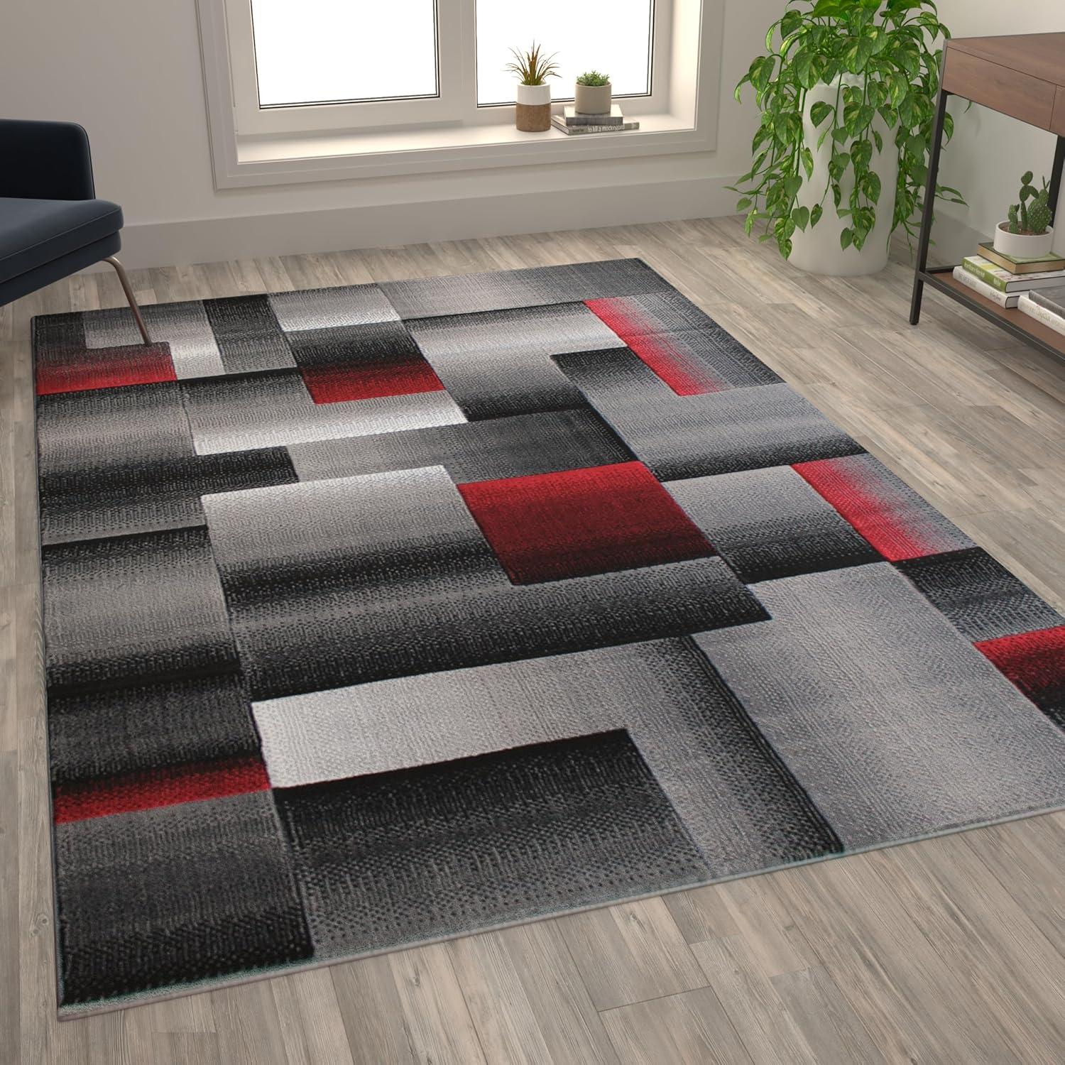 image:imageFlash Furniture Elio Collection Color Blocked Pattern Area Rug High Pile Blue Olefin Rug 8 x 10 Area Rug Jute Backing Hallway Entryway BedroomRed