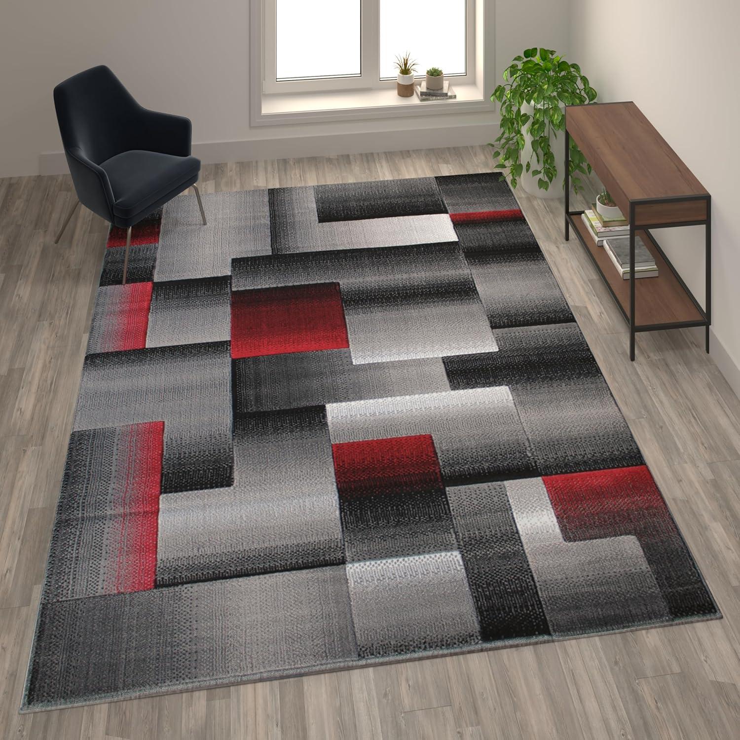 image:imageFlash Furniture Elio Collection Color Blocked Pattern Area Rug High Pile Blue Olefin Rug 8 x 10 Area Rug Jute Backing Hallway Entryway BedroomRed