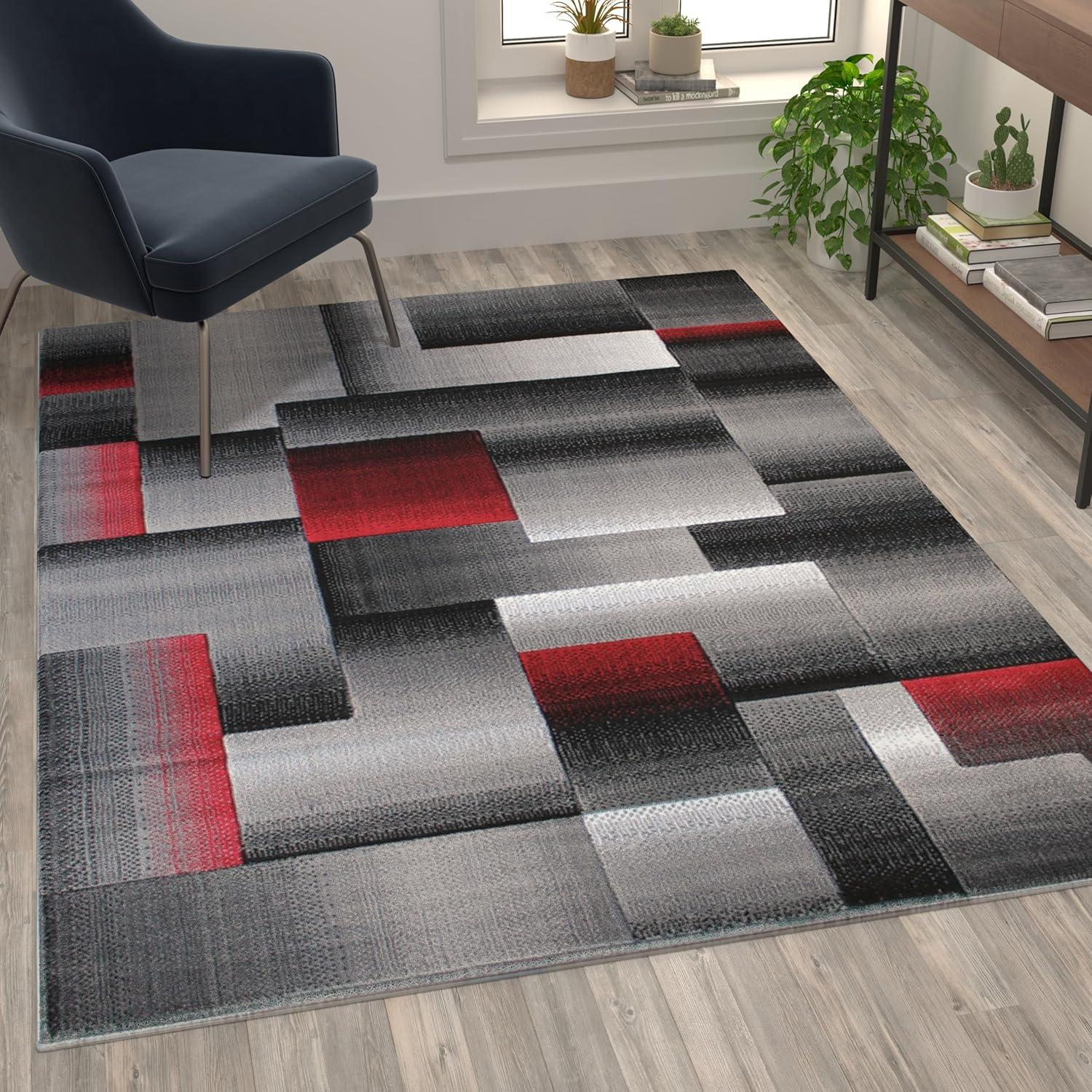 image:imageFlash Furniture Elio Collection Color Blocked Pattern Area Rug High Pile Blue Olefin Rug 8 x 10 Area Rug Jute Backing Hallway Entryway BedroomRed