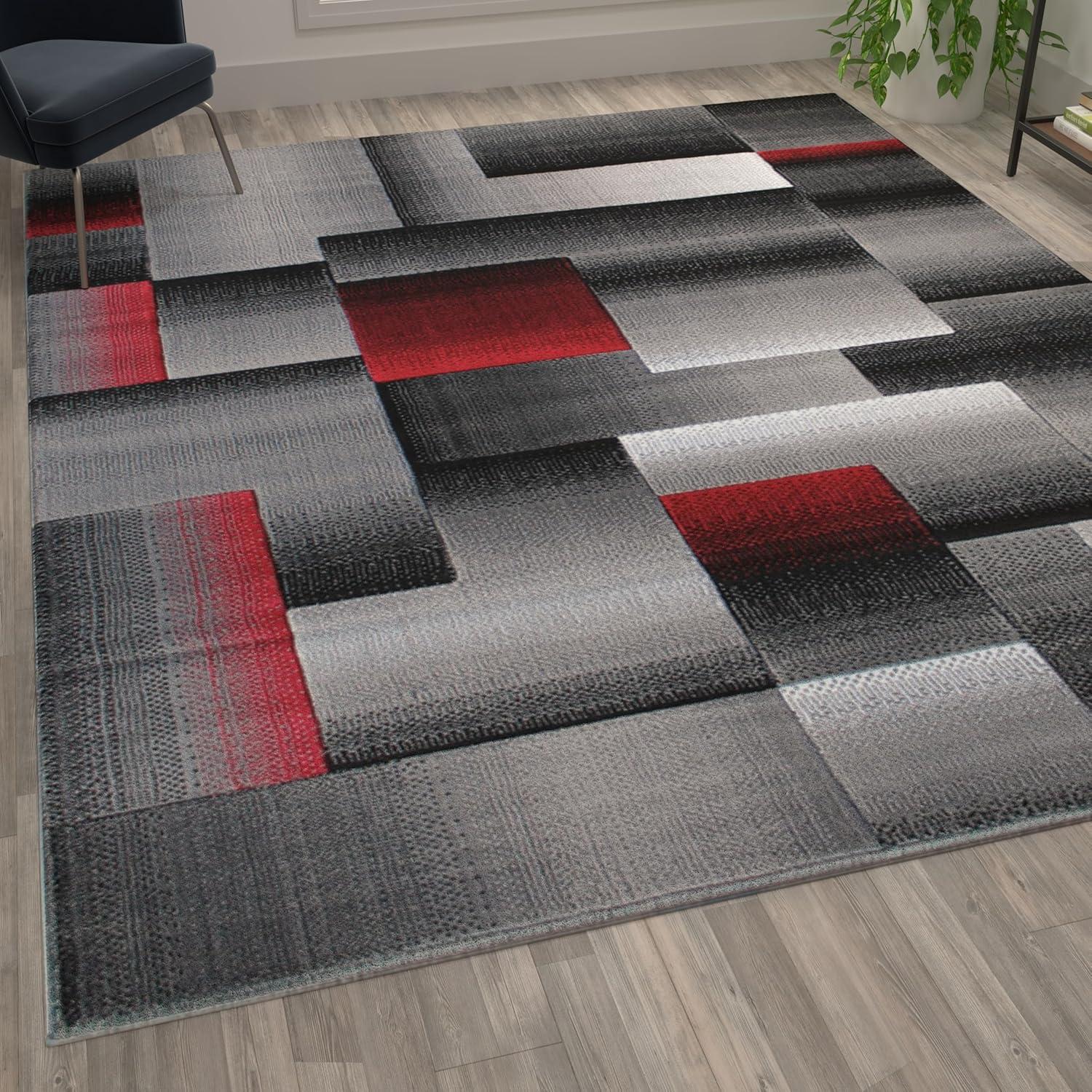 image:imageFlash Furniture Elio Collection Color Blocked Pattern Area Rug High Pile Blue Olefin Rug 8 x 10 Area Rug Jute Backing Hallway Entryway BedroomRed
