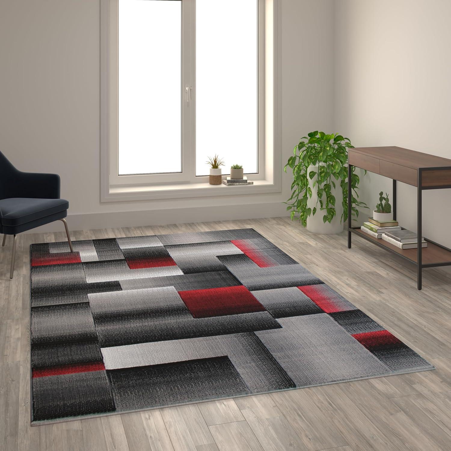 image:imageFlash Furniture Elio Collection Color Blocked Pattern Area Rug High Pile Blue Olefin Rug 8 x 10 Area Rug Jute Backing Hallway Entryway BedroomRed