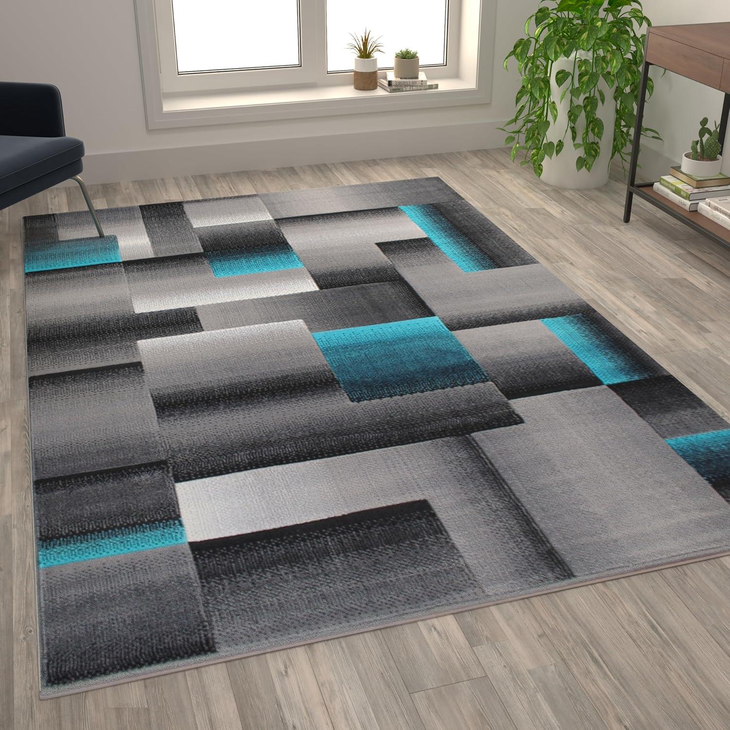 image:imageFlash Furniture Elio Collection Color Blocked Pattern Area Rug High Pile Blue Olefin Rug 8 x 10 Area Rug Jute Backing Hallway Entryway BedroomTurquoise
