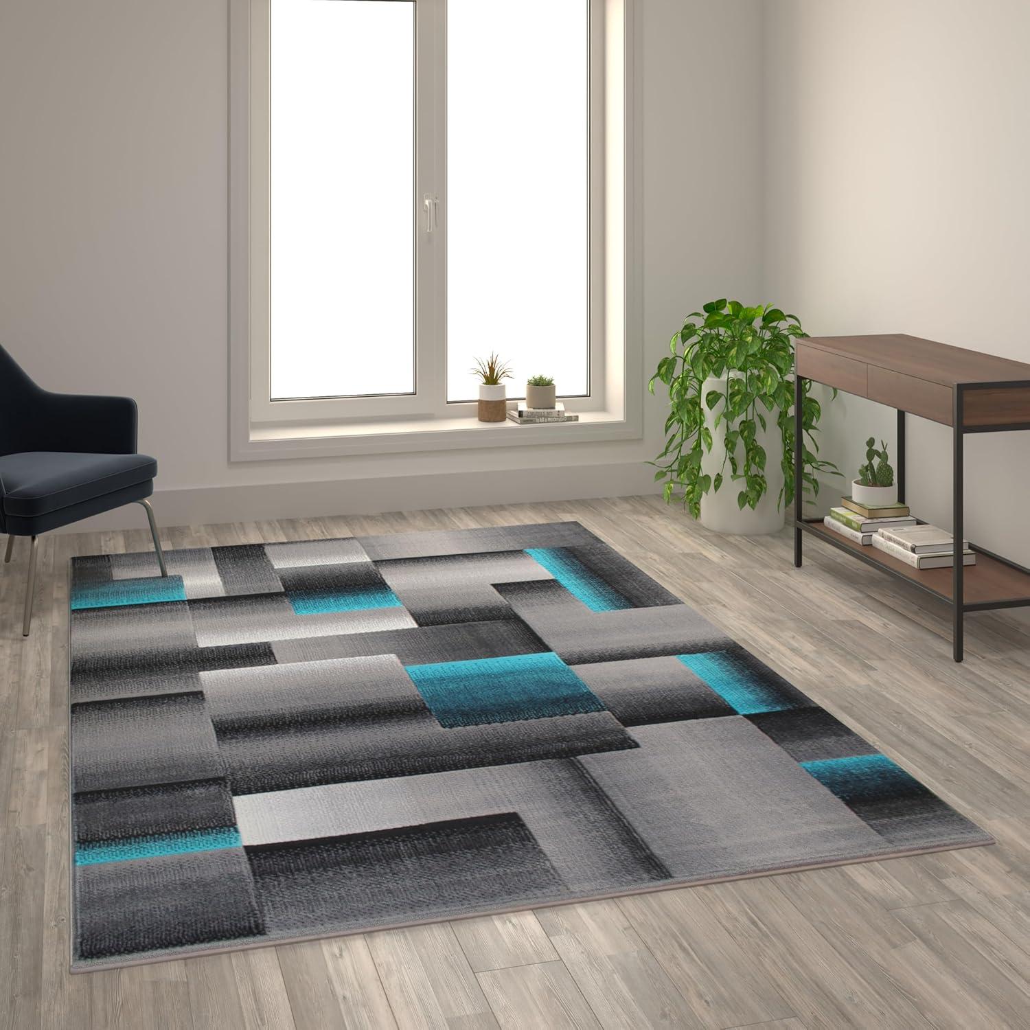 image:imageFlash Furniture Elio Collection Color Blocked Pattern Area Rug High Pile Blue Olefin Rug 8 x 10 Area Rug Jute Backing Hallway Entryway BedroomTurquoise