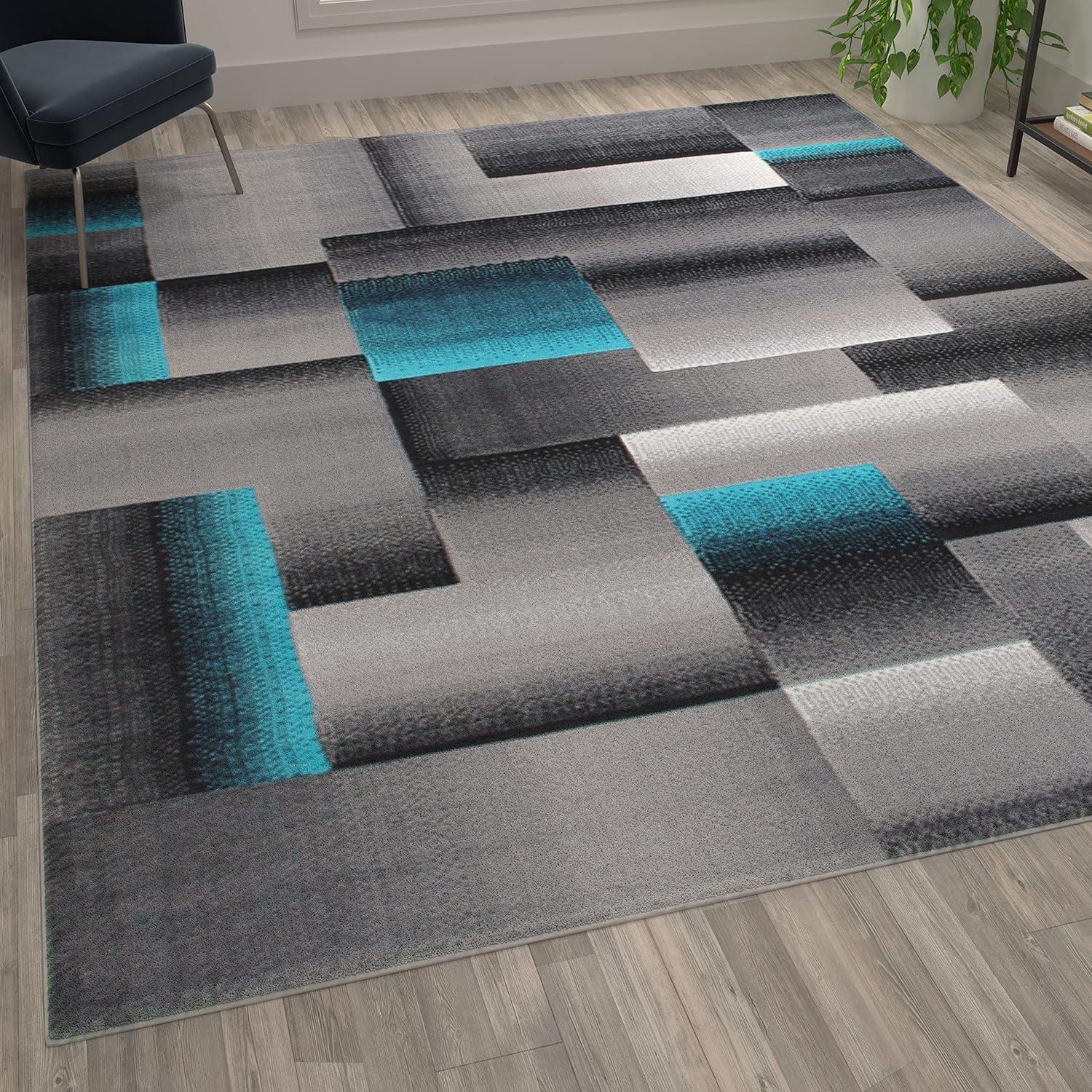 image:imageFlash Furniture Elio Collection Color Blocked Pattern Area Rug High Pile Blue Olefin Rug 8 x 10 Area Rug Jute Backing Hallway Entryway BedroomTurquoise