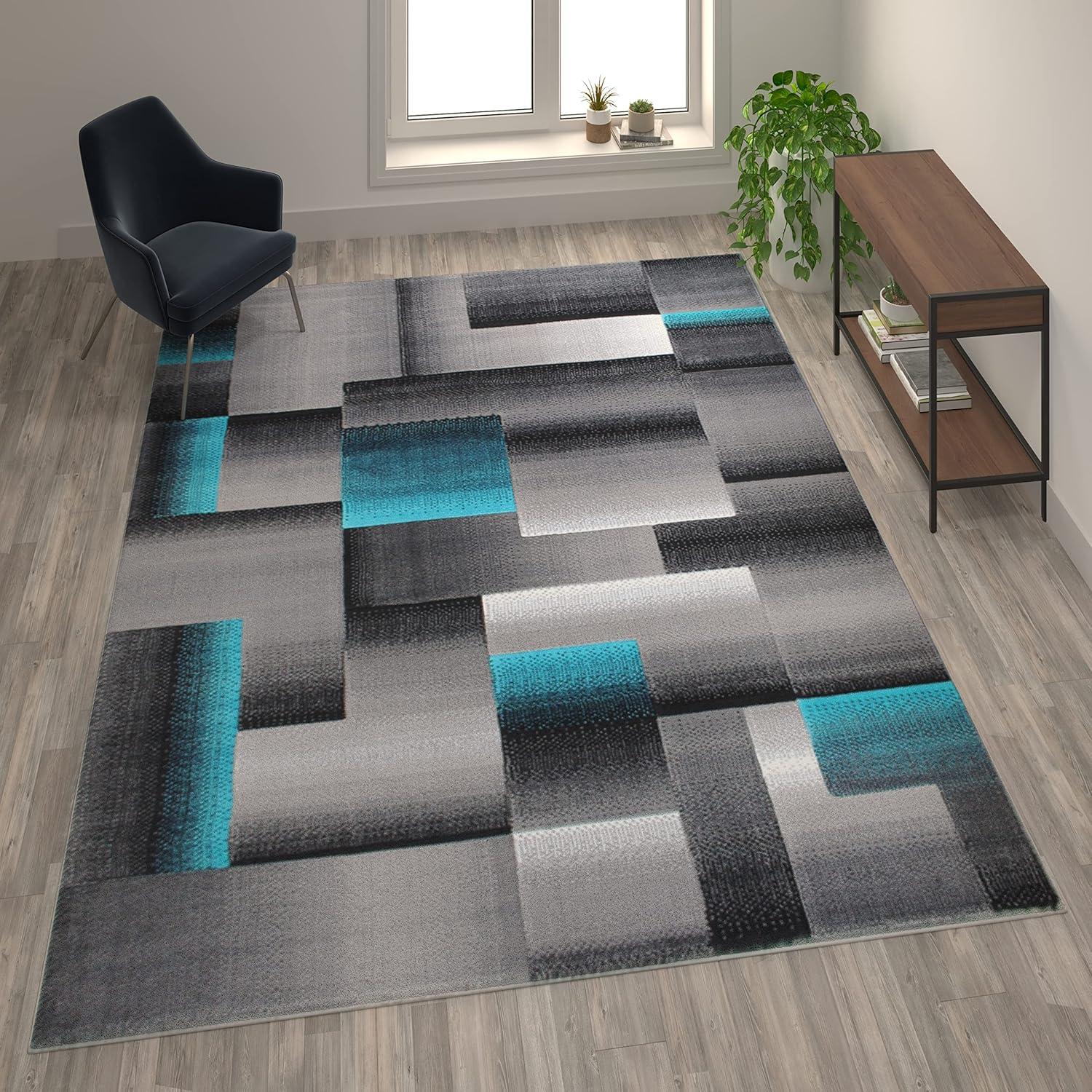 image:imageFlash Furniture Elio Collection Color Blocked Pattern Area Rug High Pile Blue Olefin Rug 8 x 10 Area Rug Jute Backing Hallway Entryway BedroomTurquoise