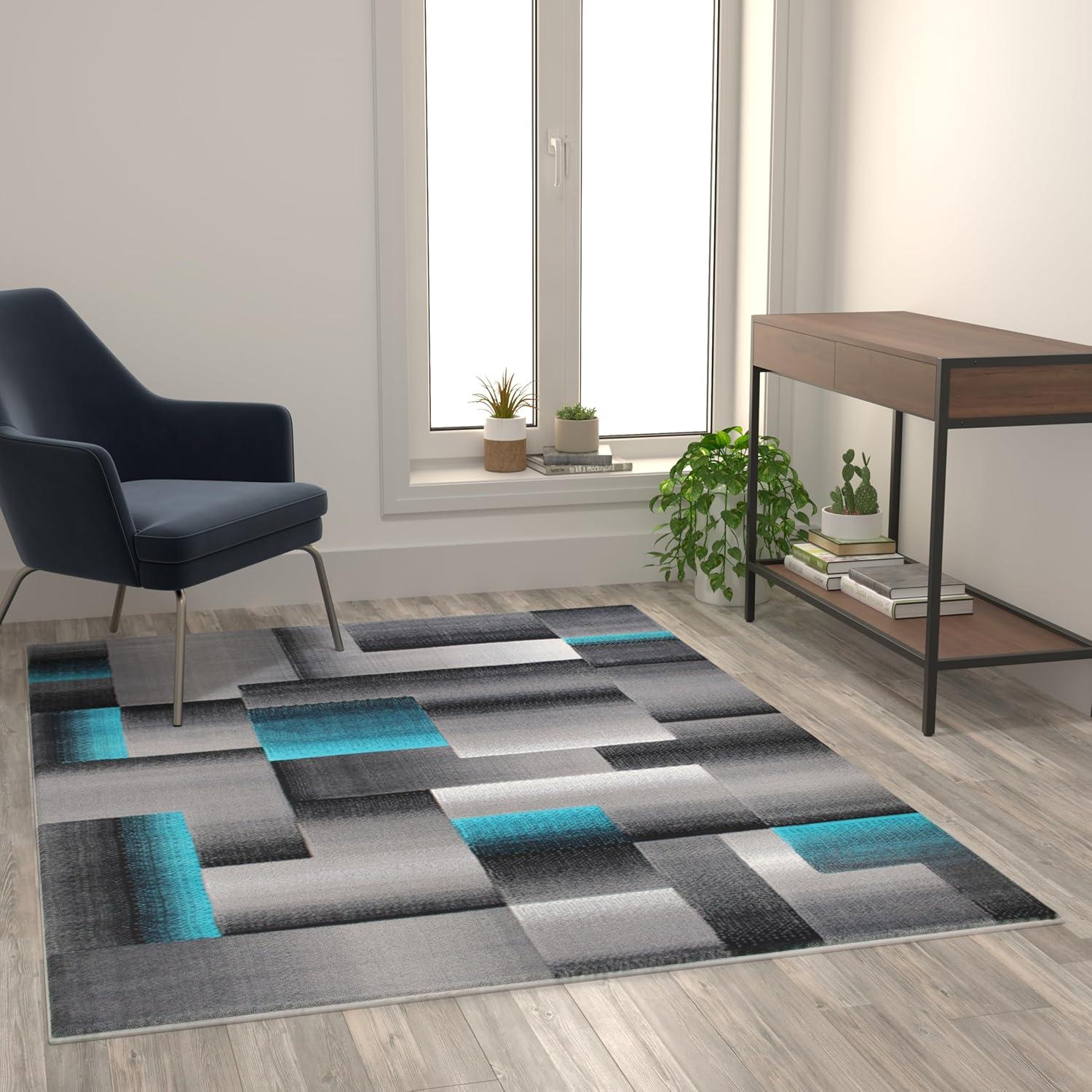 image:imageFlash Furniture Elio Collection Color Blocked Pattern Area Rug High Pile Blue Olefin Rug 8 x 10 Area Rug Jute Backing Hallway Entryway BedroomTurquoise