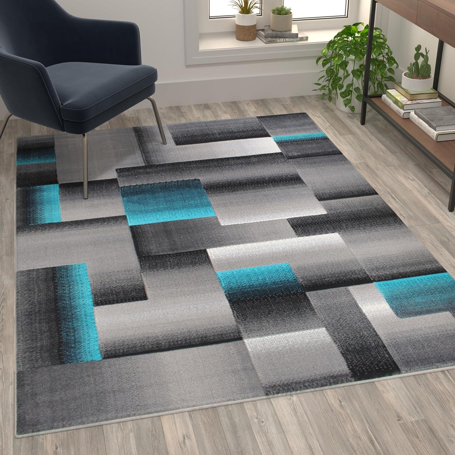 image:imageFlash Furniture Elio Collection Color Blocked Pattern Area Rug High Pile Blue Olefin Rug 8 x 10 Area Rug Jute Backing Hallway Entryway BedroomTurquoise