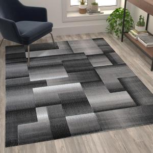 Flash Furniture Elio Collection Color Blocked Pattern Area Rug – High Pile Blue Olefin Rug – 8′ x 10′ Area Rug – Jute Backing – Hallway, Entryway, Bedroom(Grey)