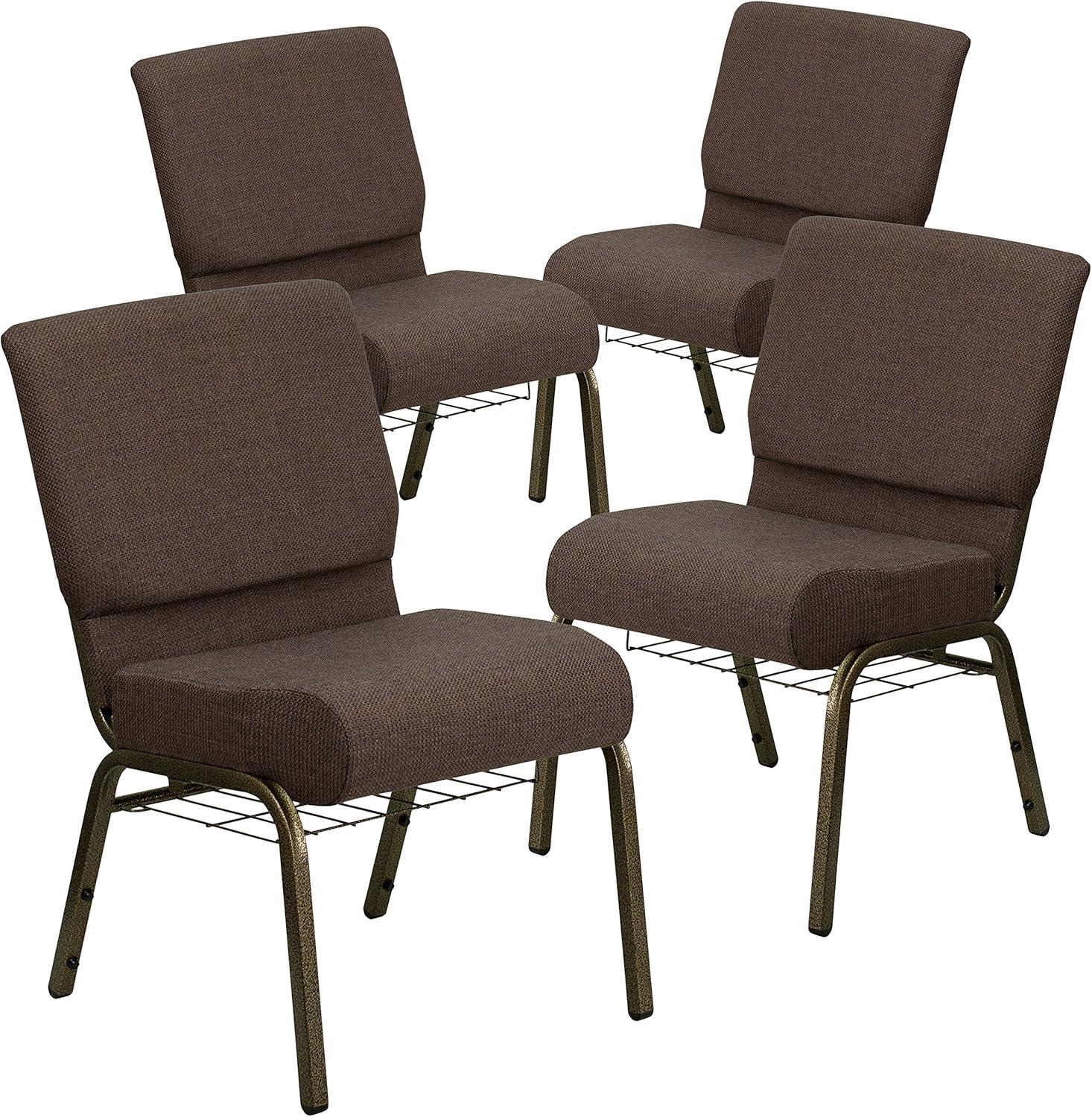 image:imageFlash Furniture 4 Pack HERCULES Series 21W Church Chair in Dark Gray Fabric with Book Rack Silver Vein FrameBrown FabricGold Vein Frame