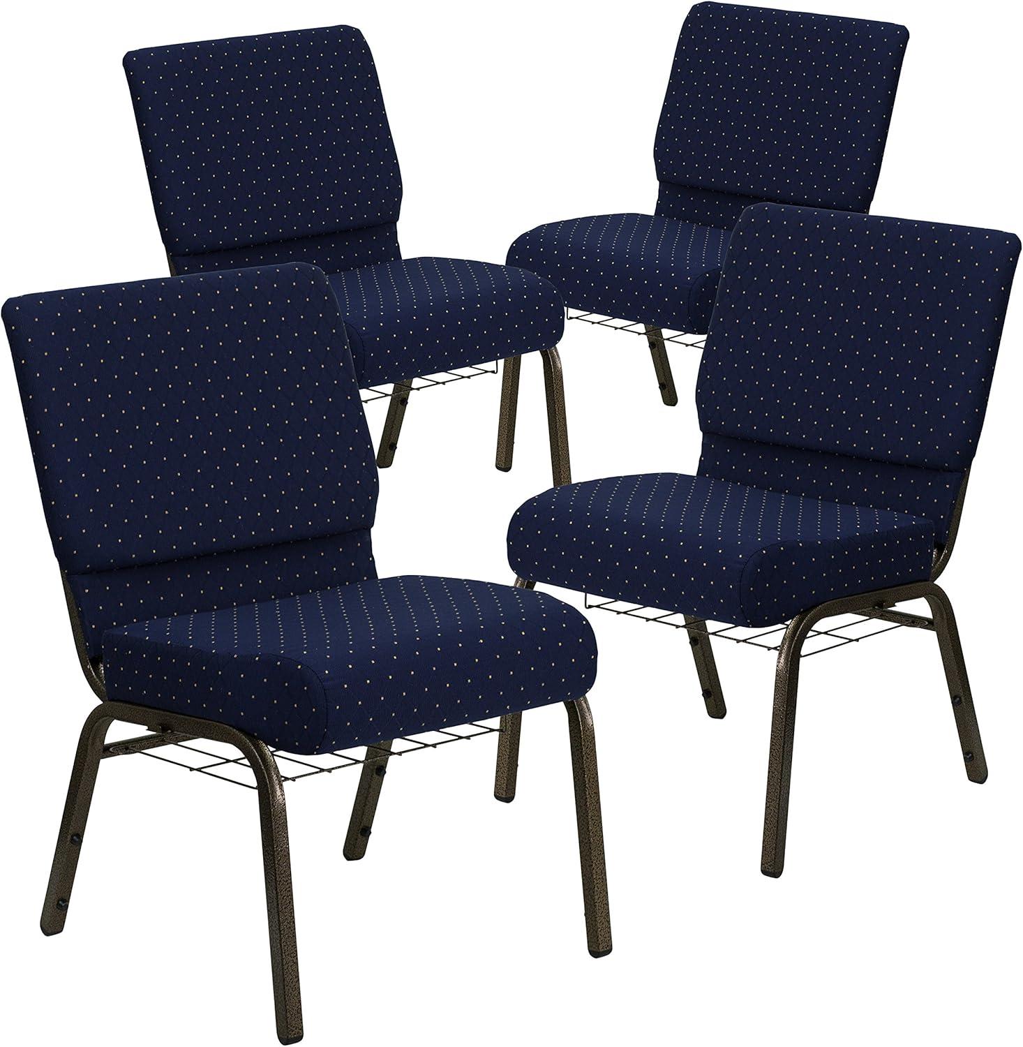 image:imageFlash Furniture 4 Pack HERCULES Series 21W Church Chair in Dark Gray Fabric with Book Rack Silver Vein FrameNavy Blue Dot Patterned FabricGold Vein Frame