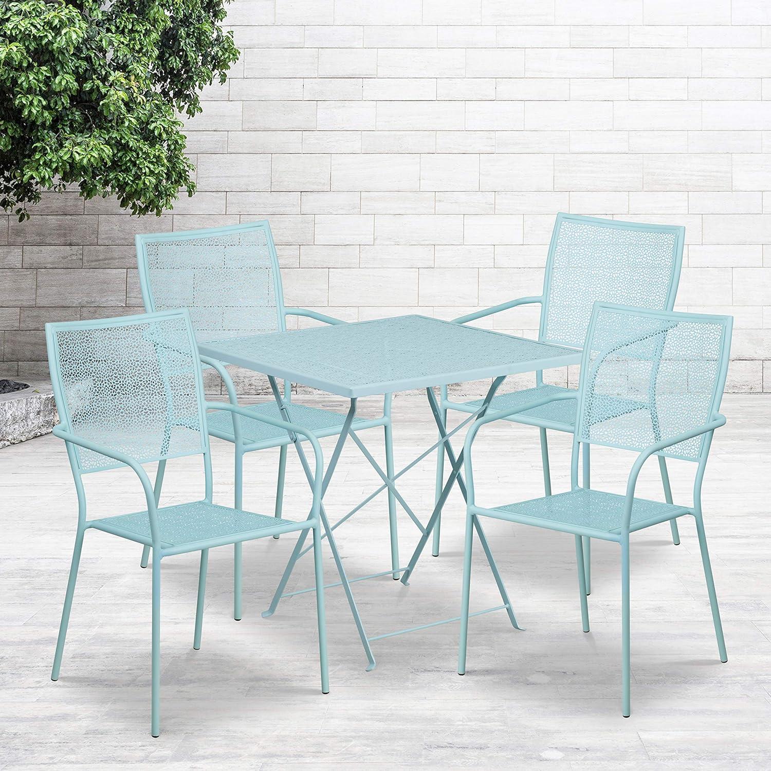 image:imageFlash Furniture Commercial Grade 28 Square Black IndoorOutdoor Steel Folding Patio Table Set with 4 Square Back ChairsSky Blue