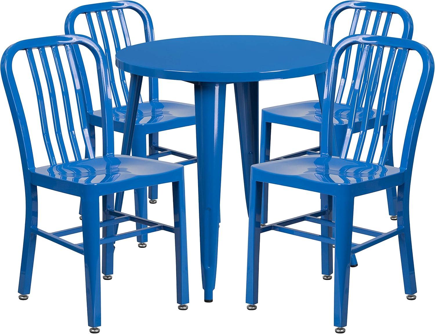 image:imageFlash Furniture Commercial Grade 30 Round Blue Metal IndoorOutdoor Table Set with 4 Vertical Slat Back ChairsBlue