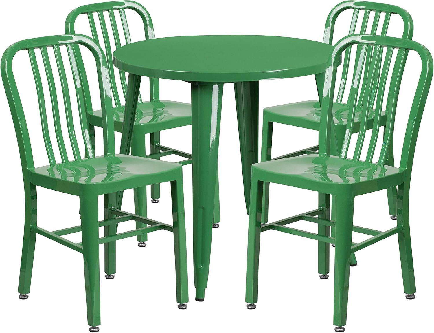 image:imageFlash Furniture Commercial Grade 30 Round Blue Metal IndoorOutdoor Table Set with 4 Vertical Slat Back ChairsGreen