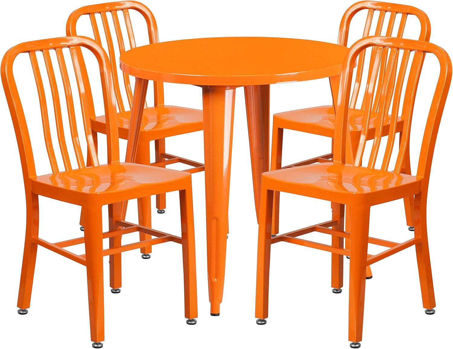 image:imageFlash Furniture Commercial Grade 30 Round Blue Metal IndoorOutdoor Table Set with 4 Vertical Slat Back ChairsOrange
