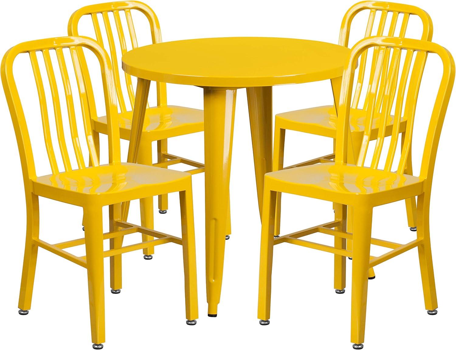 image:imageFlash Furniture Commercial Grade 30 Round Blue Metal IndoorOutdoor Table Set with 4 Vertical Slat Back ChairsYellow