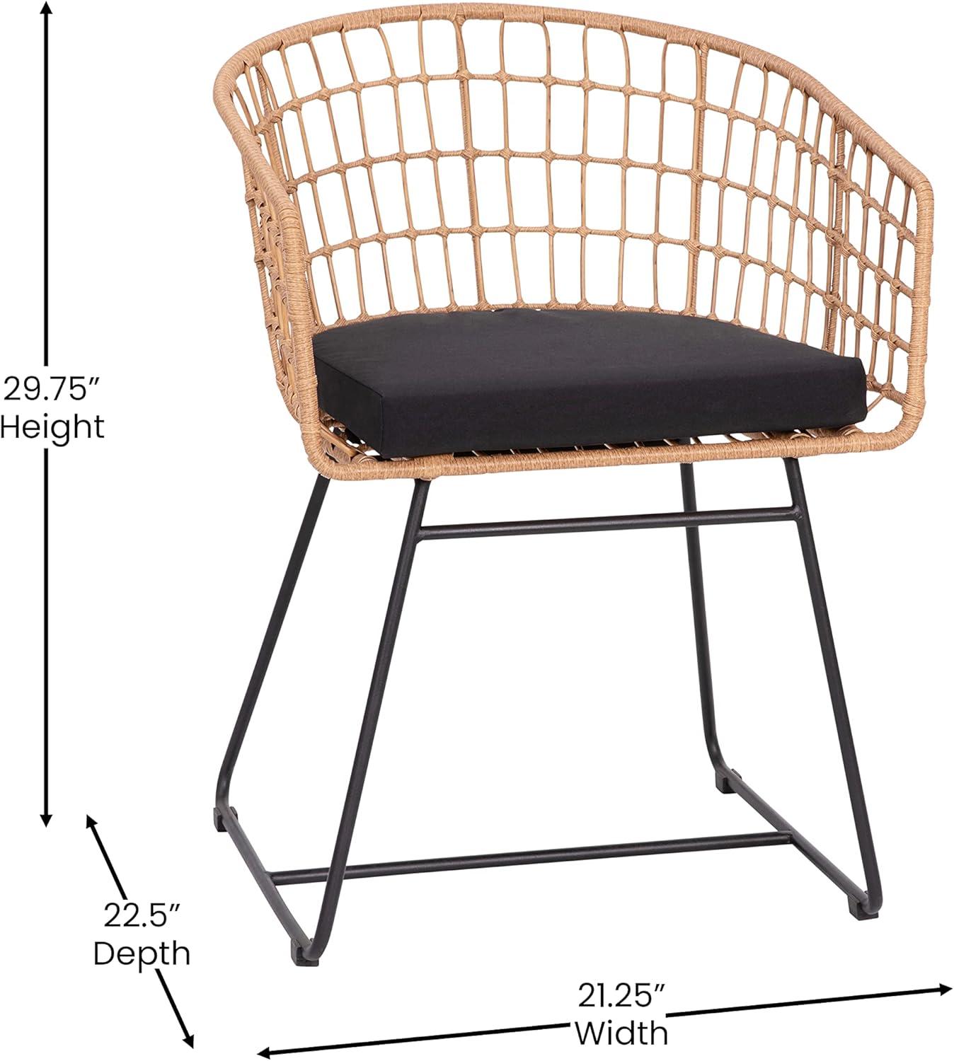 image:imageFlash Furniture Devon Set of 2 Patio Boho Club Chairs Rope with Natural Finish PE Wicker Rattan Black Seat Cushions and Sled Base IndoorOutdoor Use