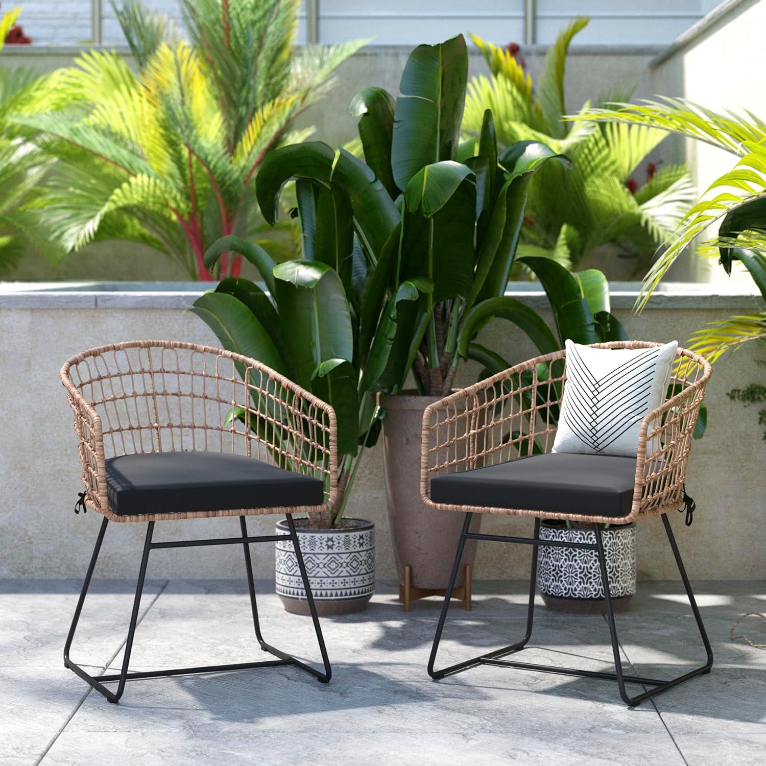 image:imageFlash Furniture Devon Set of 2 Patio Boho Club Chairs Rope with Natural Finish PE Wicker Rattan Black Seat Cushions and Sled Base IndoorOutdoor Use
