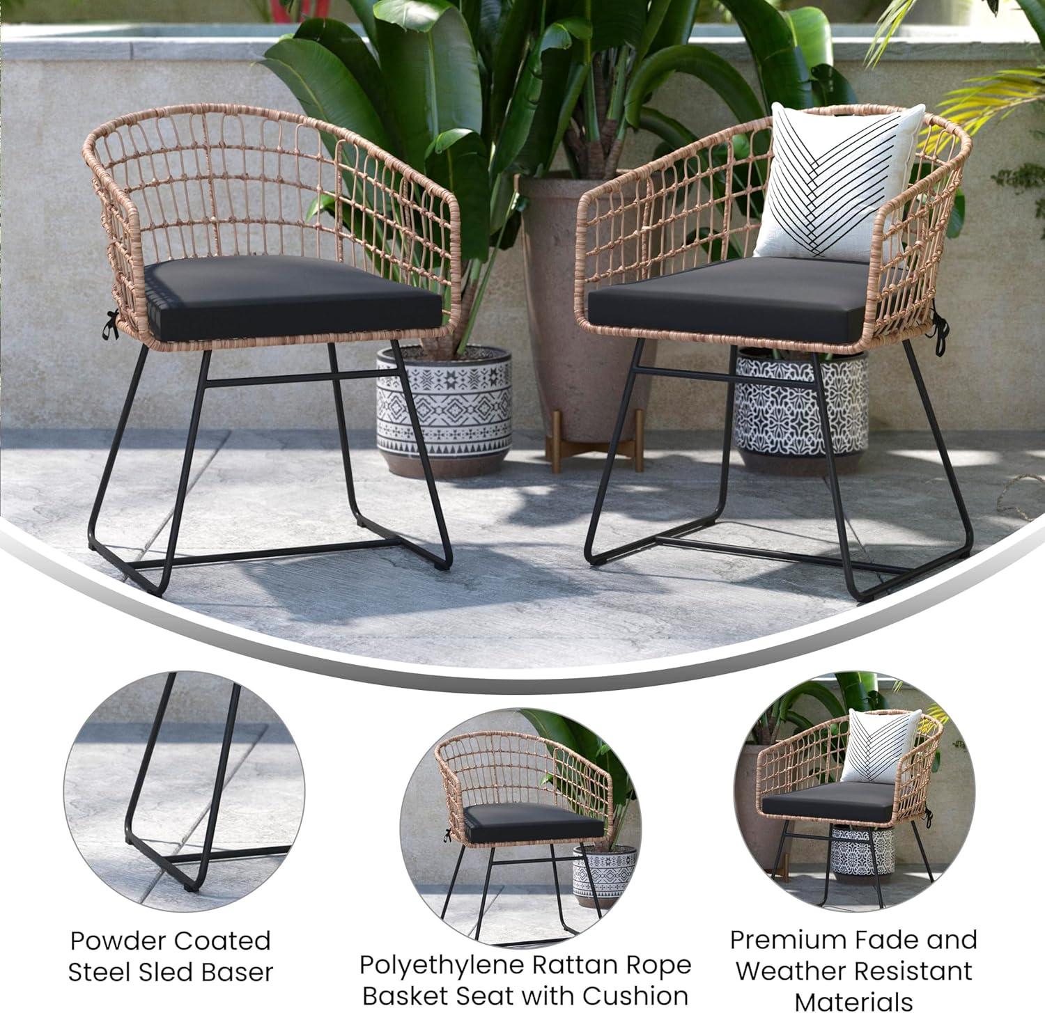 image:imageFlash Furniture Devon Set of 2 Patio Boho Club Chairs Rope with Natural Finish PE Wicker Rattan Black Seat Cushions and Sled Base IndoorOutdoor Use