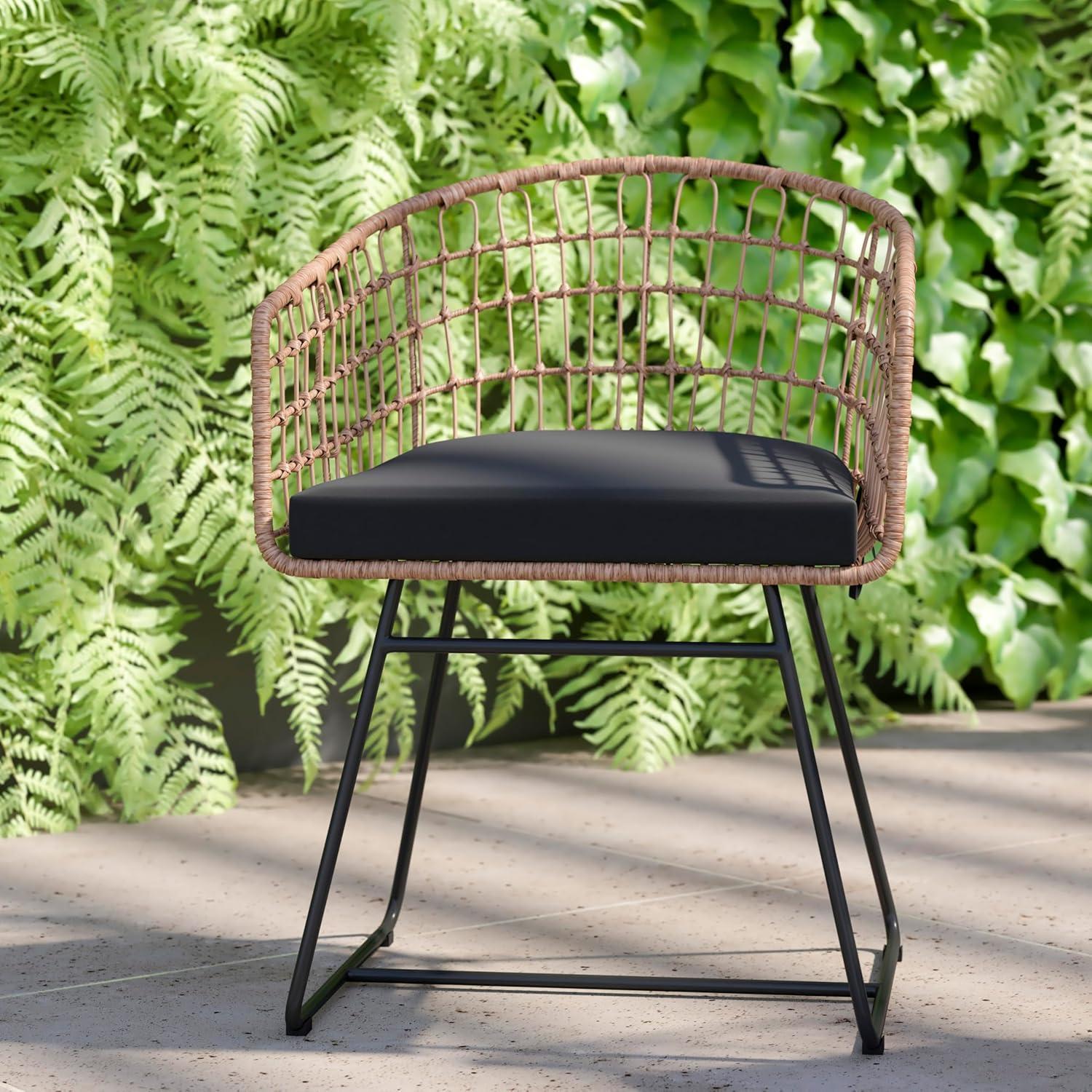 image:imageFlash Furniture Devon Set of 2 Patio Boho Club Chairs Rope with Natural Finish PE Wicker Rattan Black Seat Cushions and Sled Base IndoorOutdoor Use