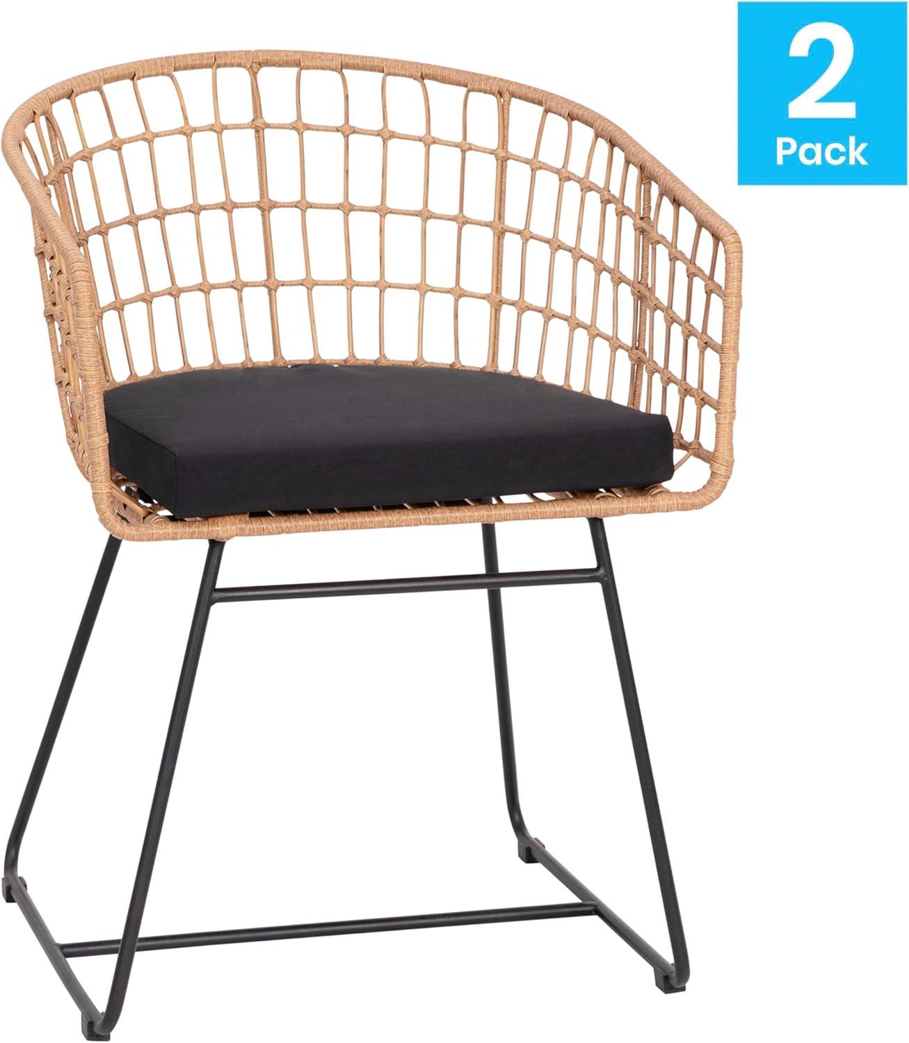 image:imageFlash Furniture Devon Set of 2 Patio Boho Club Chairs Rope with Natural Finish PE Wicker Rattan Black Seat Cushions and Sled Base IndoorOutdoor Use