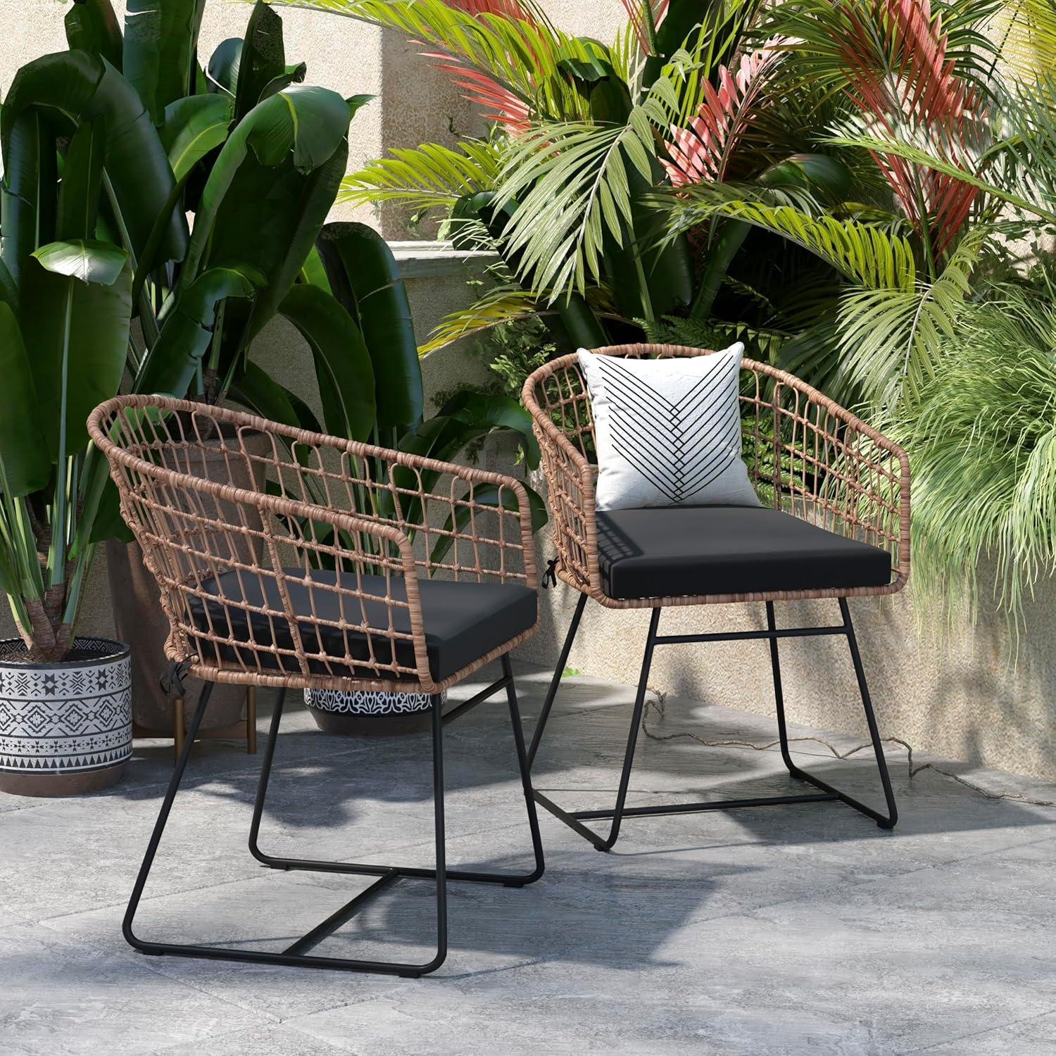 image:imageFlash Furniture Devon Set of 2 Patio Boho Club Chairs Rope with Natural Finish PE Wicker Rattan Black Seat Cushions and Sled Base IndoorOutdoor Use