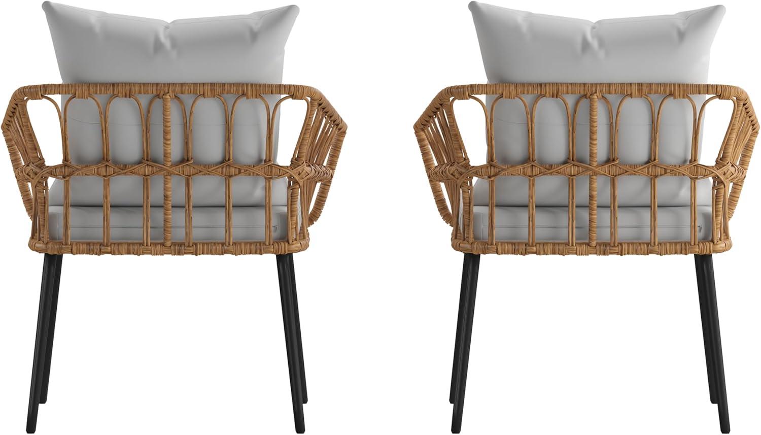 image:imageFlash Furniture Evin Set of 2 Boho IndoorOutdoor Patio Chairs Natural Finish Faux Rattan Wicker Gray AllWeather Cushions Integrated Armrests