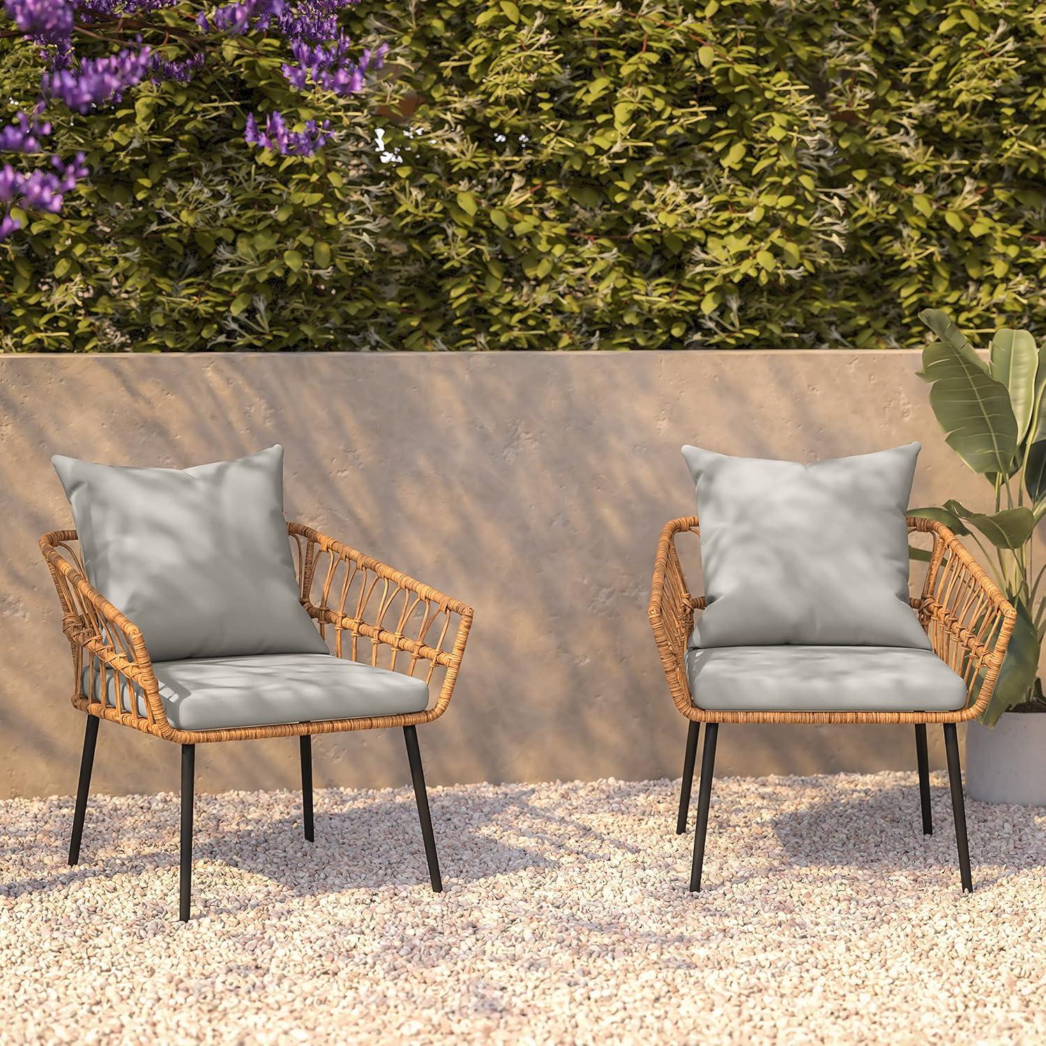 image:imageFlash Furniture Evin Set of 2 Boho IndoorOutdoor Patio Chairs Natural Finish Faux Rattan Wicker Gray AllWeather Cushions Integrated Armrests