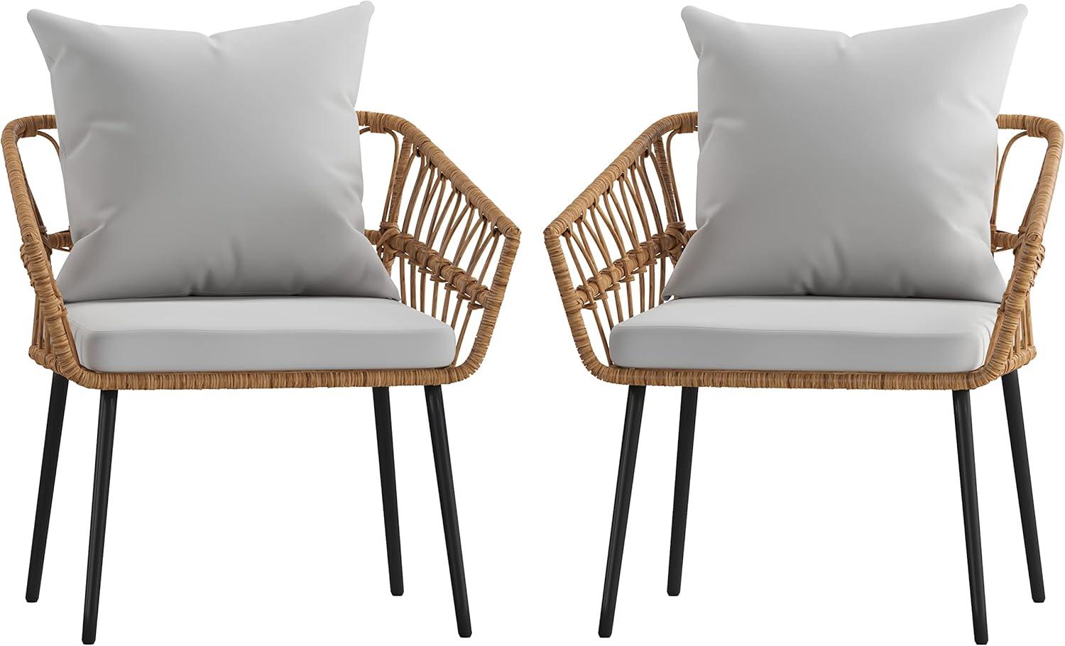image:imageFlash Furniture Evin Set of 2 Boho IndoorOutdoor Patio Chairs Natural Finish Faux Rattan Wicker Gray AllWeather Cushions Integrated Armrests