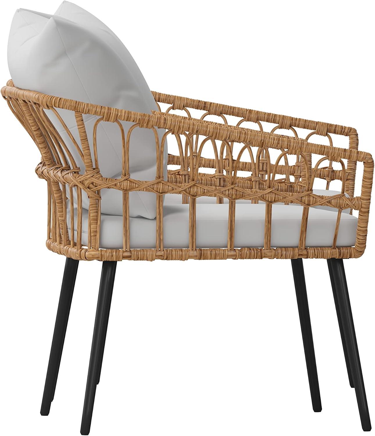 image:imageFlash Furniture Evin Set of 2 Boho IndoorOutdoor Patio Chairs Natural Finish Faux Rattan Wicker Gray AllWeather Cushions Integrated Armrests