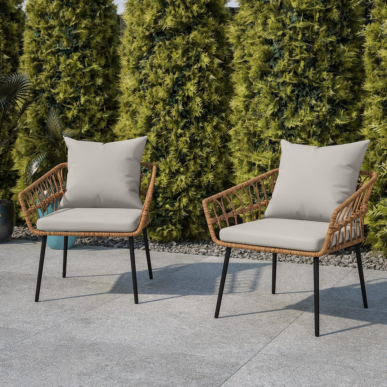 image:imageFlash Furniture Evin Set of 2 Boho IndoorOutdoor Patio Chairs Natural Finish Faux Rattan Wicker Gray AllWeather Cushions Integrated Armrests