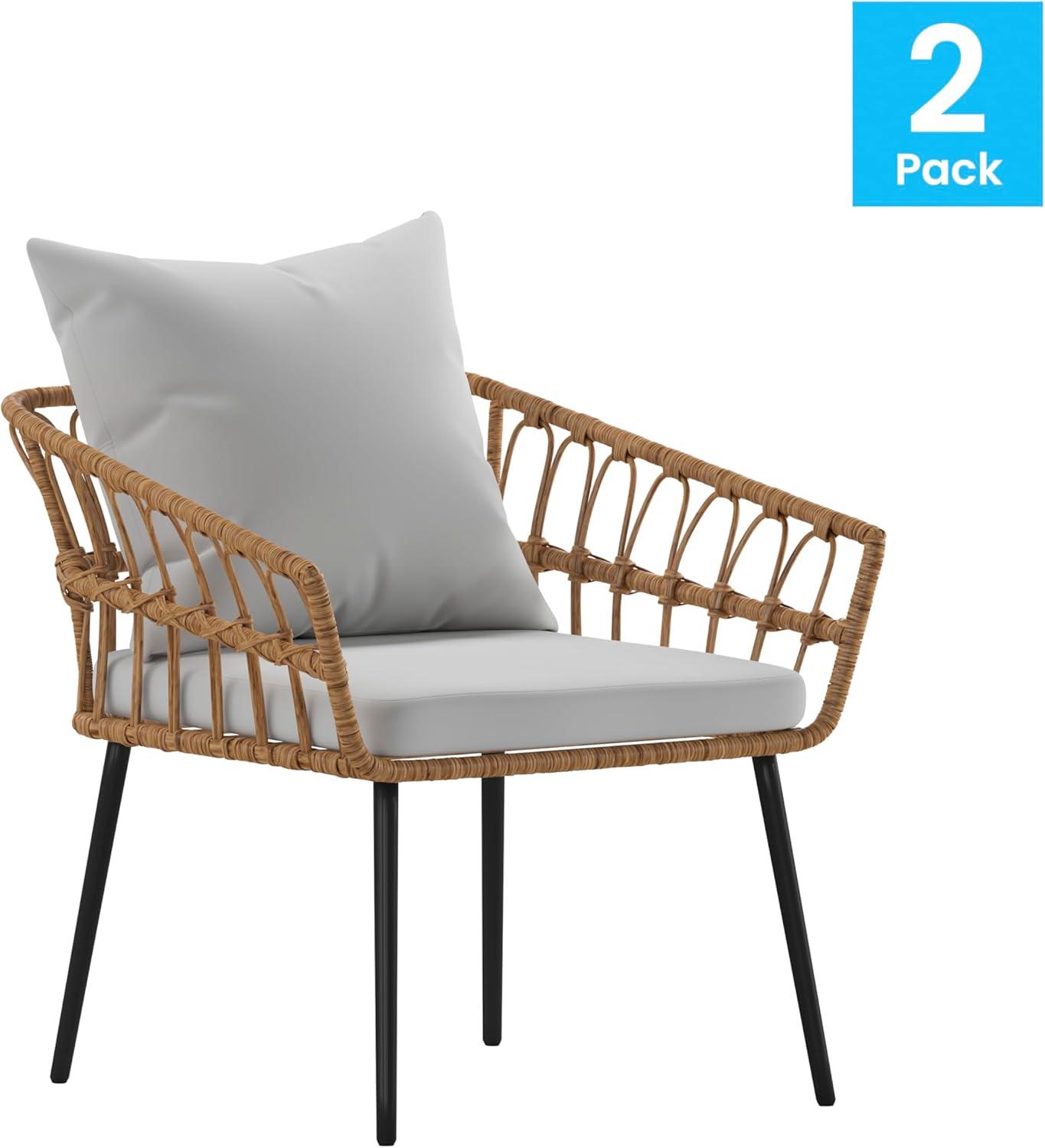 image:imageFlash Furniture Evin Set of 2 Boho IndoorOutdoor Patio Chairs Natural Finish Faux Rattan Wicker Gray AllWeather Cushions Integrated Armrests