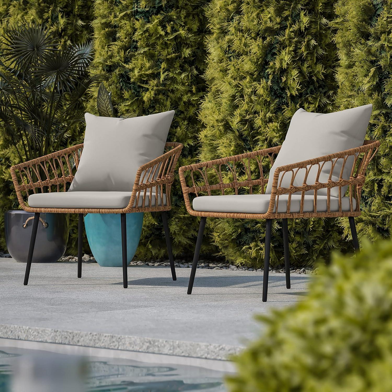 image:imageFlash Furniture Evin Set of 2 Boho IndoorOutdoor Patio Chairs Natural Finish Faux Rattan Wicker Gray AllWeather Cushions Integrated Armrests