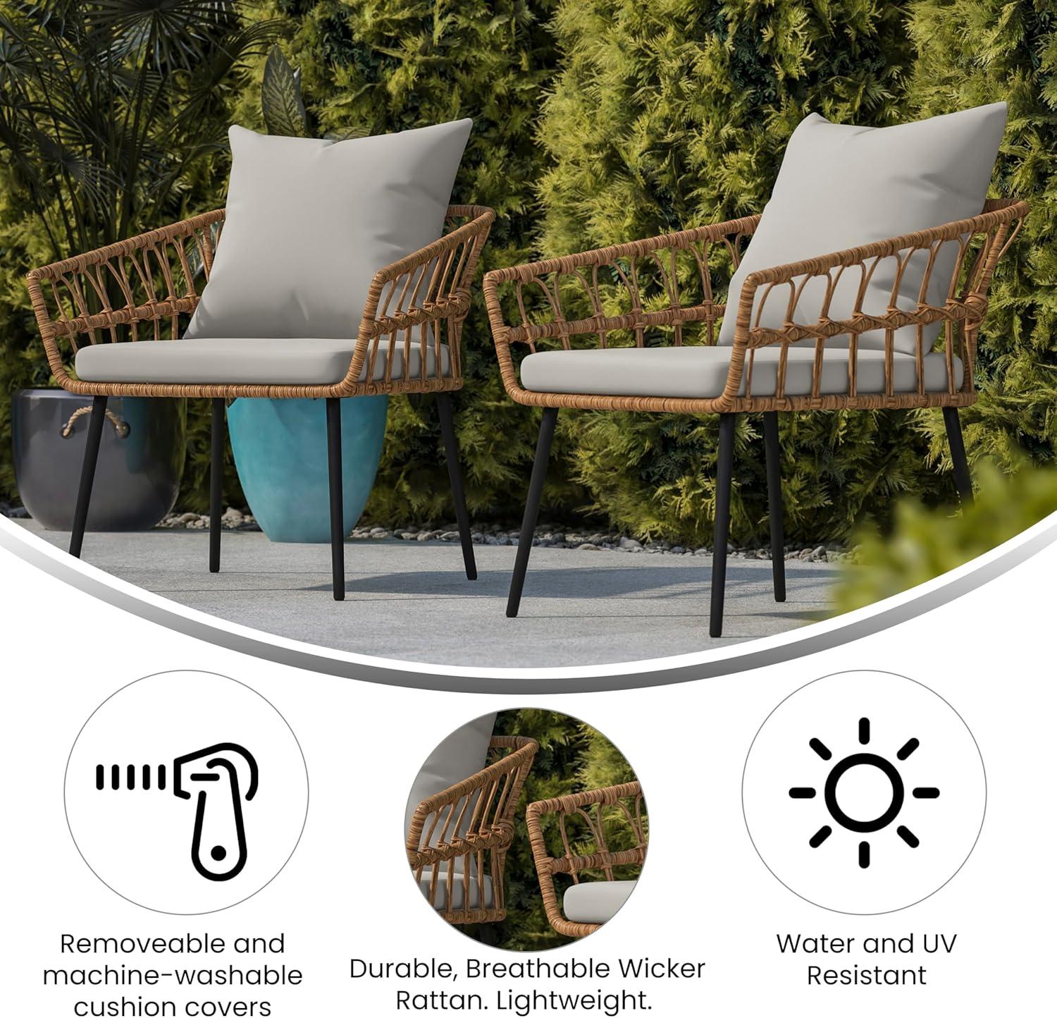 image:imageFlash Furniture Evin Set of 2 Boho IndoorOutdoor Patio Chairs Natural Finish Faux Rattan Wicker Gray AllWeather Cushions Integrated Armrests