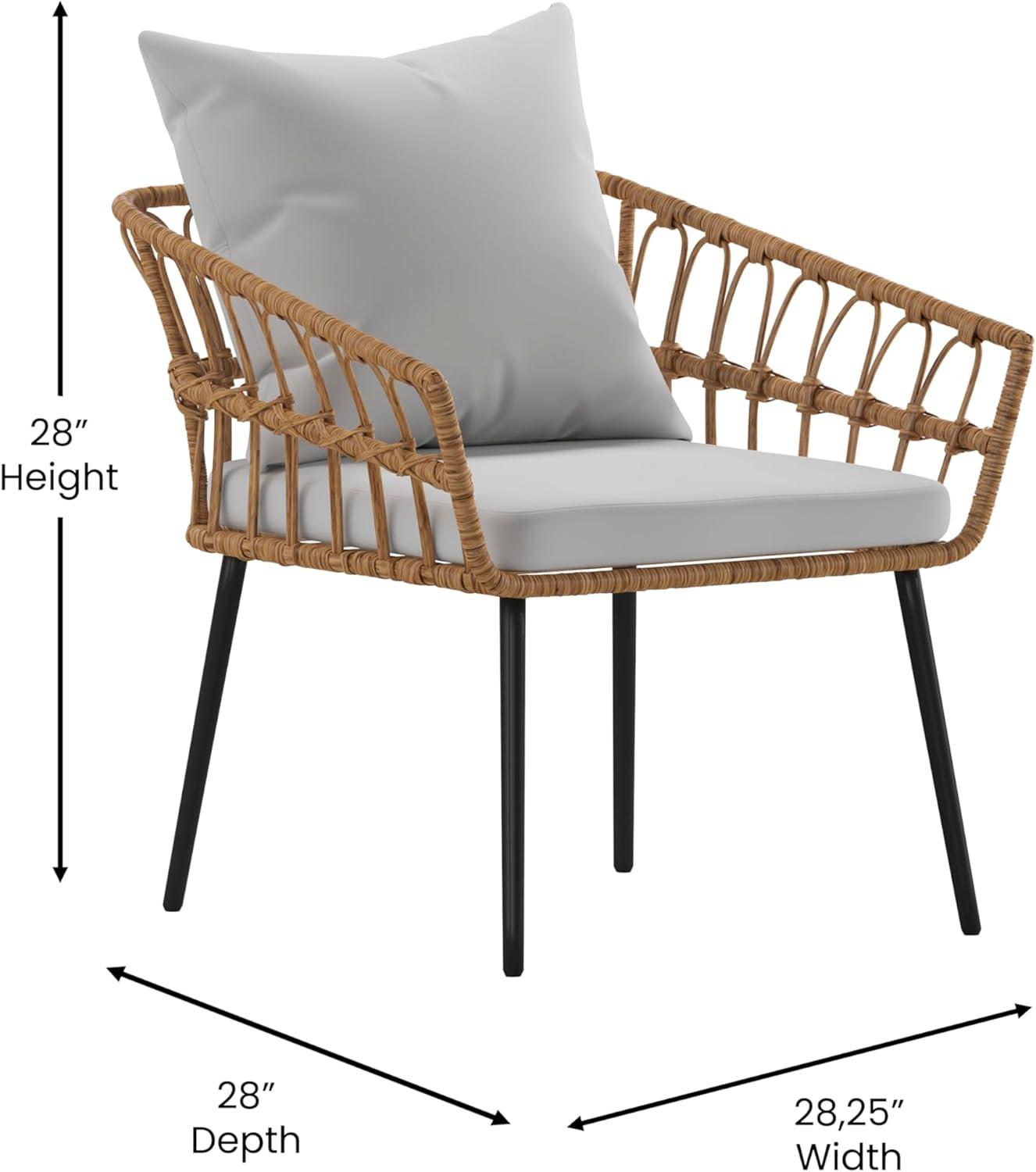 image:imageFlash Furniture Evin Set of 2 Boho IndoorOutdoor Patio Chairs Natural Finish Faux Rattan Wicker Gray AllWeather Cushions Integrated Armrests