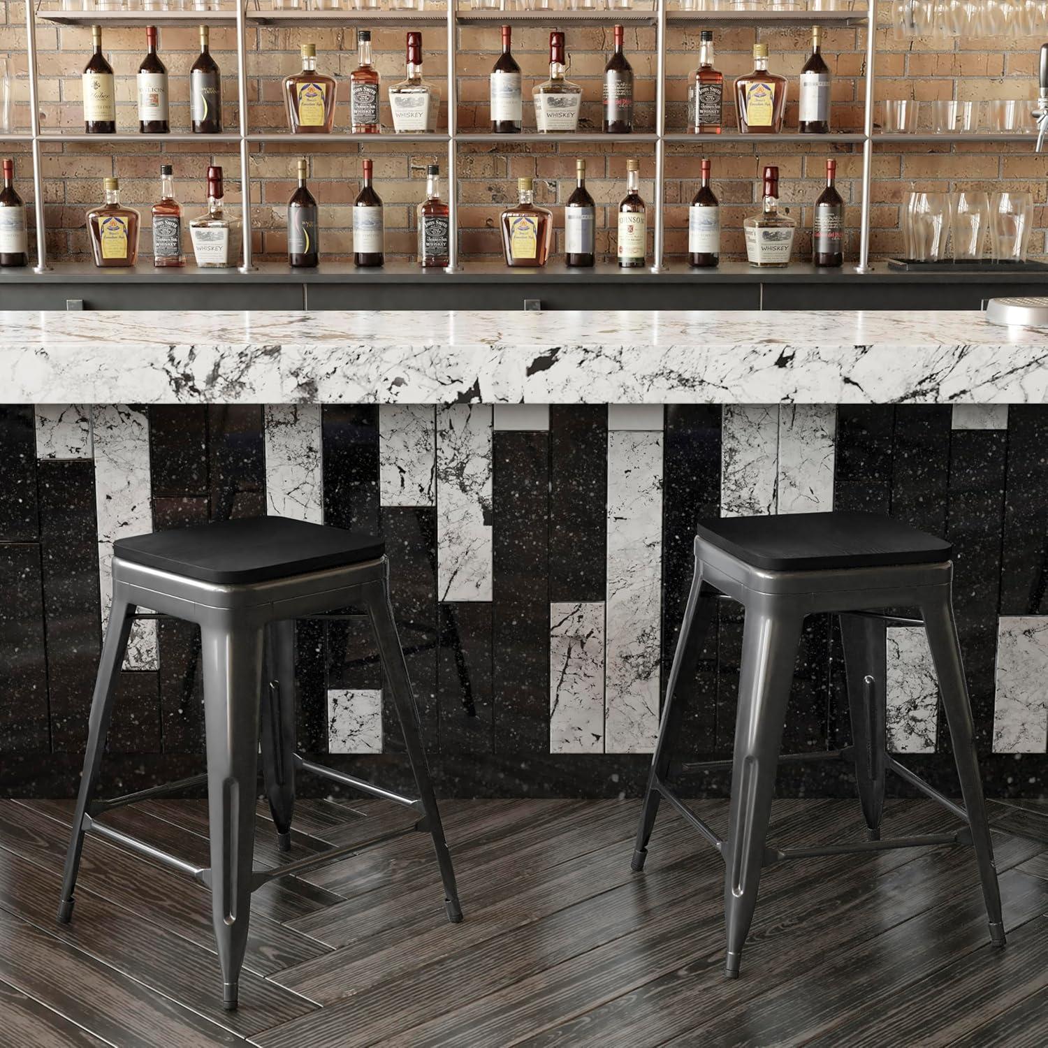 image:imageFlash Furniture Kai Commercial Grade IndoorOutdoor Bar Height Stool Silver Metal Frame Gray Poly Resin Seat 30 High BacklessBlackBlack