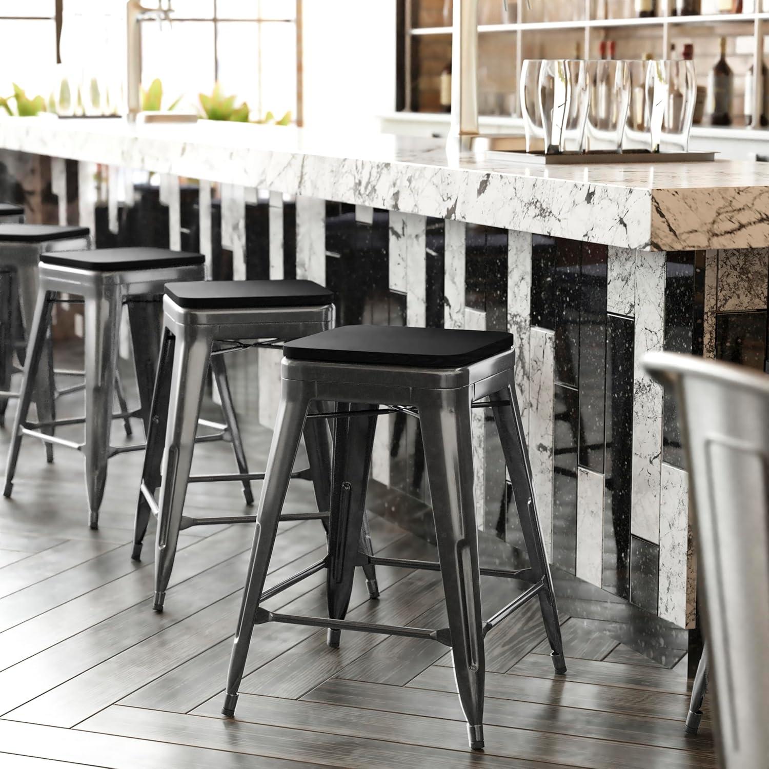 image:imageFlash Furniture Kai Commercial Grade IndoorOutdoor Bar Height Stool Silver Metal Frame Gray Poly Resin Seat 30 High BacklessBlackBlack