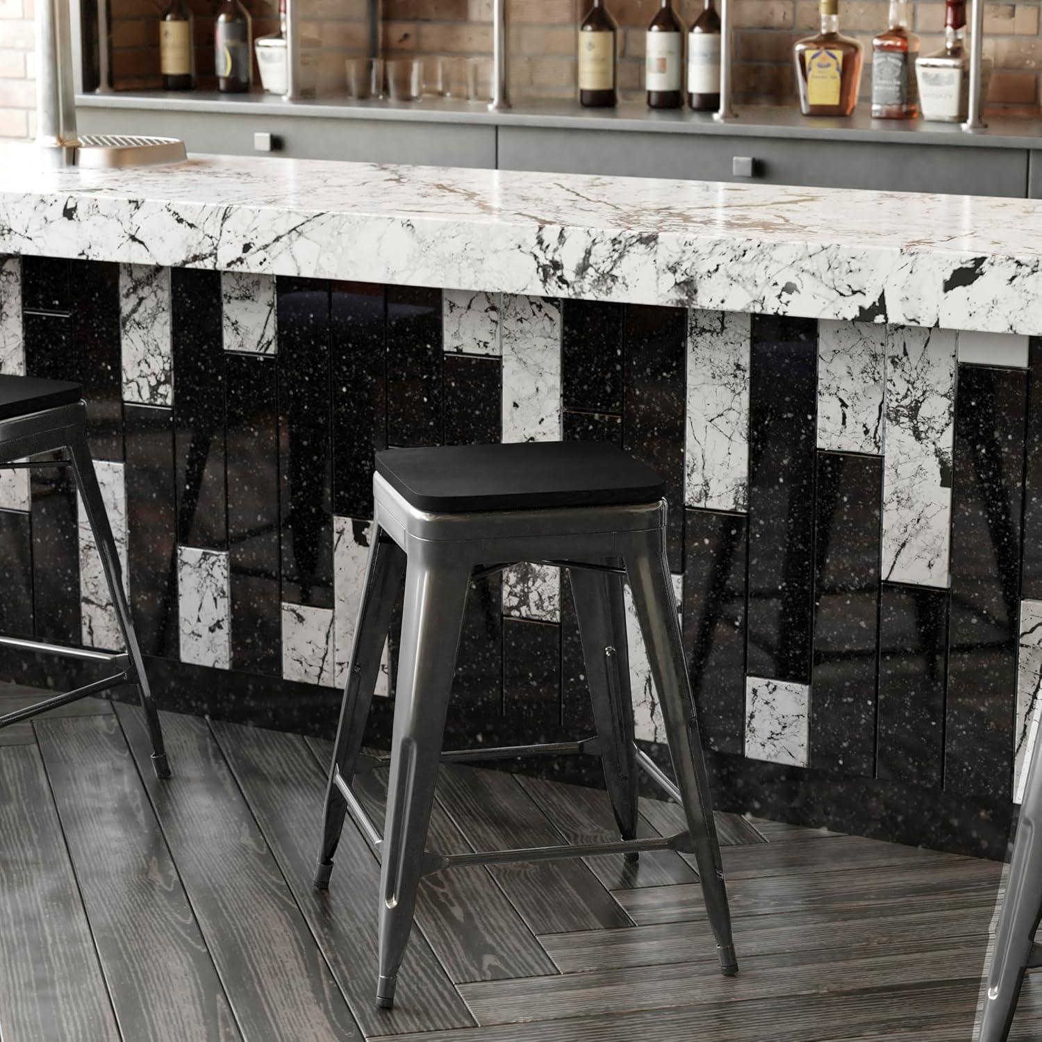 image:imageFlash Furniture Kai Commercial Grade IndoorOutdoor Bar Height Stool Silver Metal Frame Gray Poly Resin Seat 30 High BacklessBlackBlack