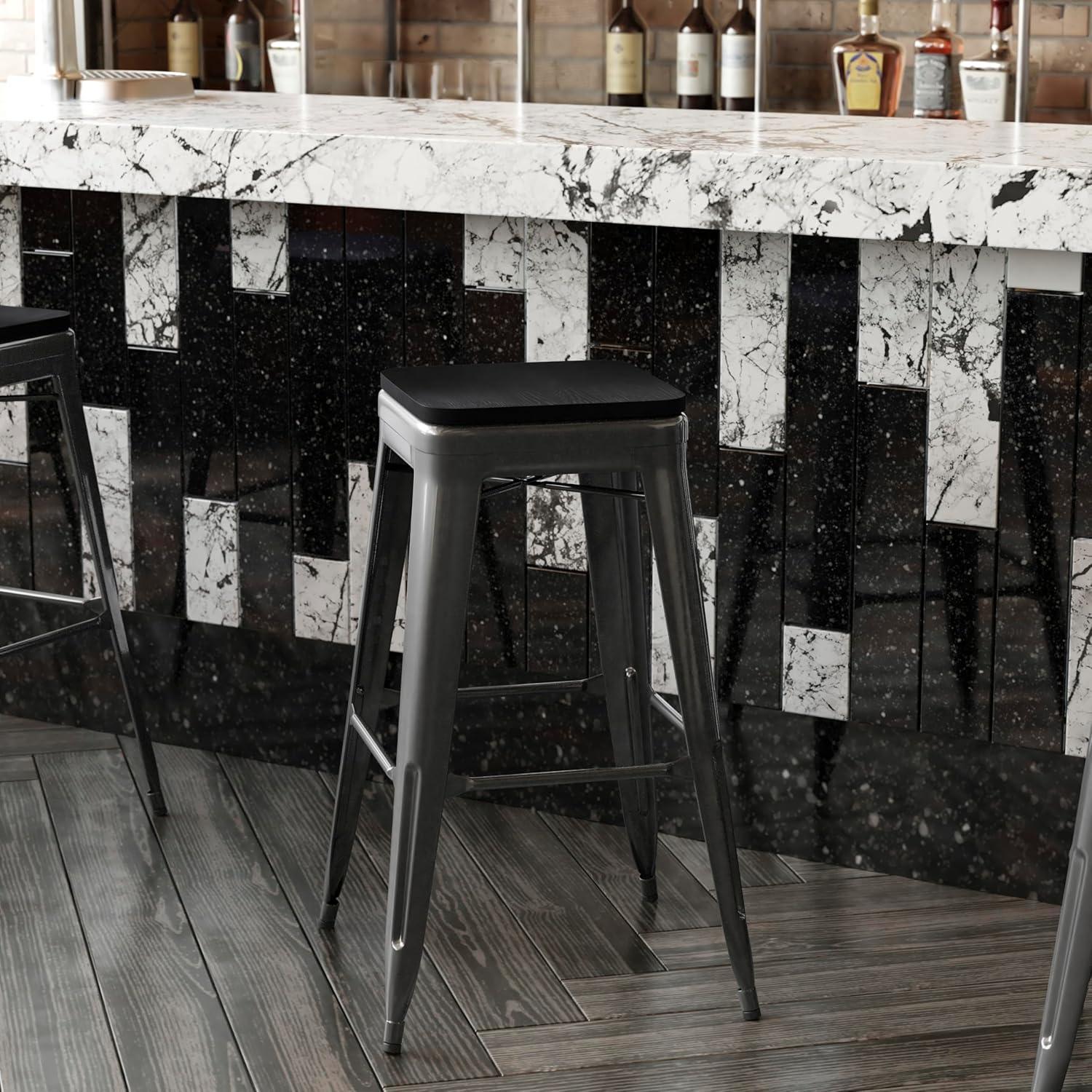 image:imageFlash Furniture Kai Commercial Grade IndoorOutdoor Bar Height Stool Silver Metal Frame Gray Poly Resin Seat 30 High BacklessBlackBlack