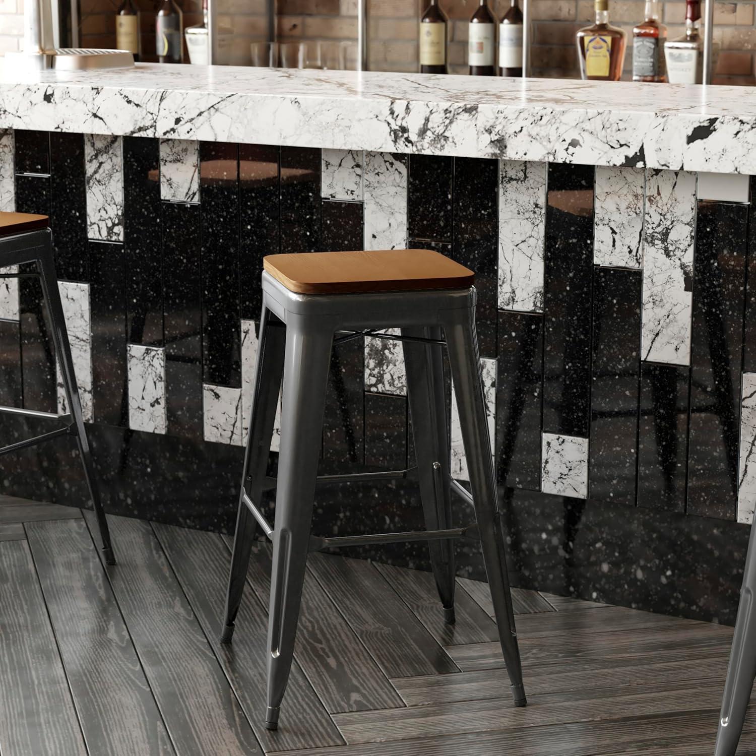 image:imageFlash Furniture Kai Commercial Grade IndoorOutdoor Bar Height Stool Silver Metal Frame Gray Poly Resin Seat 30 High BacklessBlackTeak