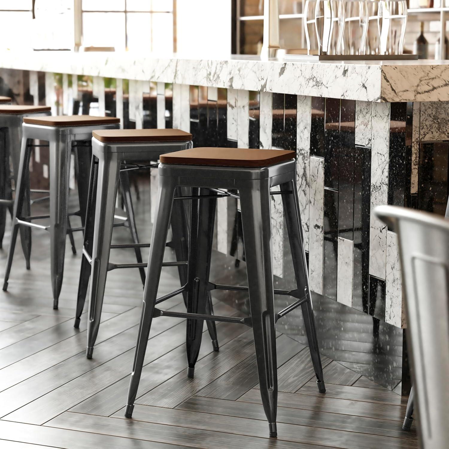 image:imageFlash Furniture Kai Commercial Grade IndoorOutdoor Bar Height Stool Silver Metal Frame Gray Poly Resin Seat 30 High BacklessBlackTeak