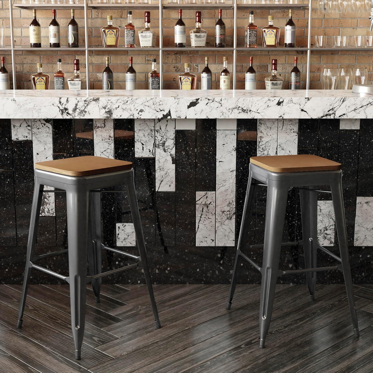 image:imageFlash Furniture Kai Commercial Grade IndoorOutdoor Bar Height Stool Silver Metal Frame Gray Poly Resin Seat 30 High BacklessBlackTeak