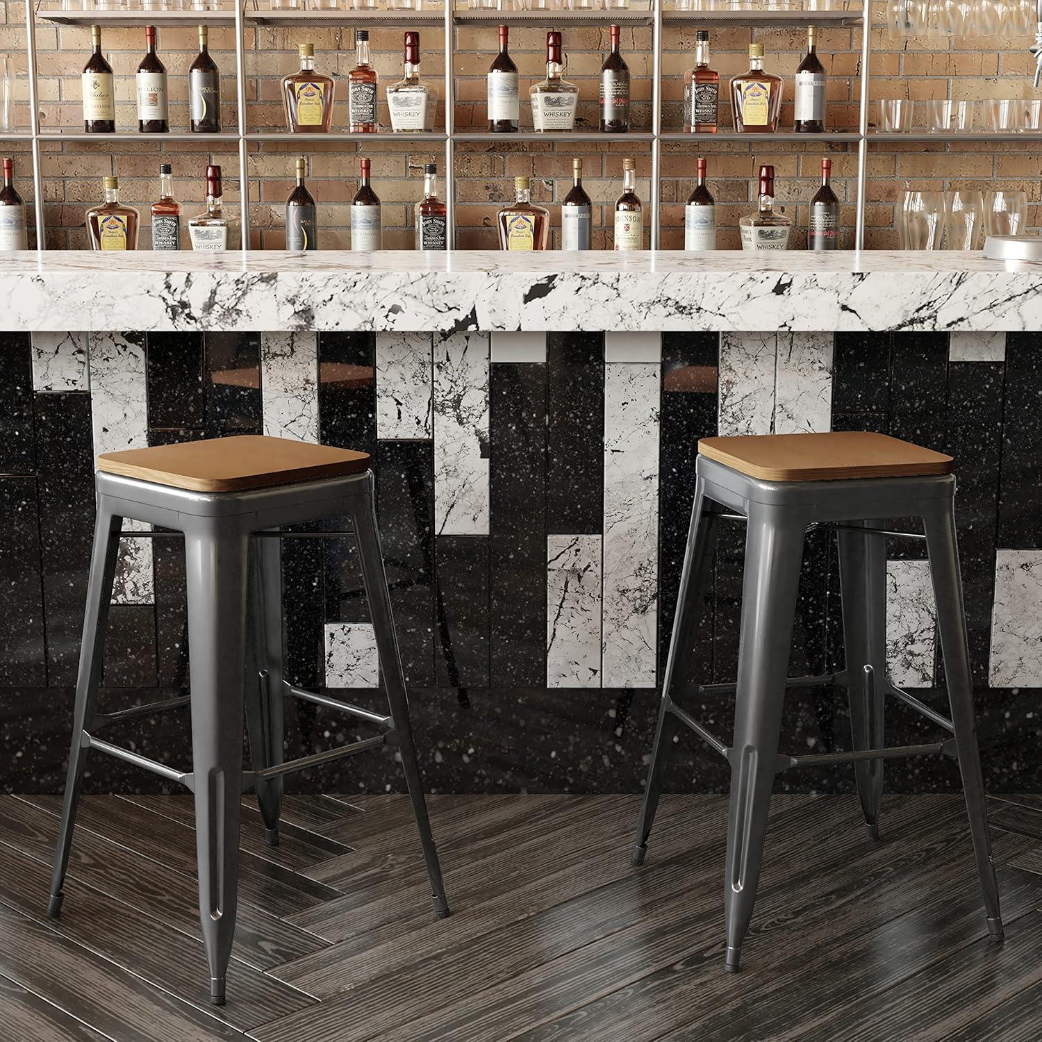 image:imageFlash Furniture Kai Commercial Grade IndoorOutdoor Bar Height Stool Silver Metal Frame Gray Poly Resin Seat 30 High BacklessBlackTeak