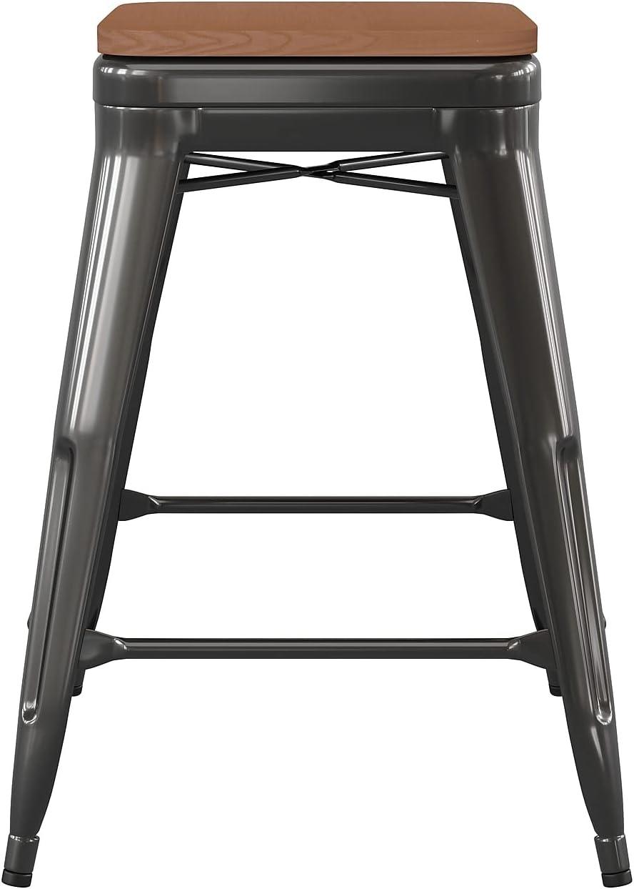 image:imageFlash Furniture Kai Commercial Grade IndoorOutdoor Bar Height Stool Silver Metal Frame Gray Poly Resin Seat 30 High BacklessBlackTeak